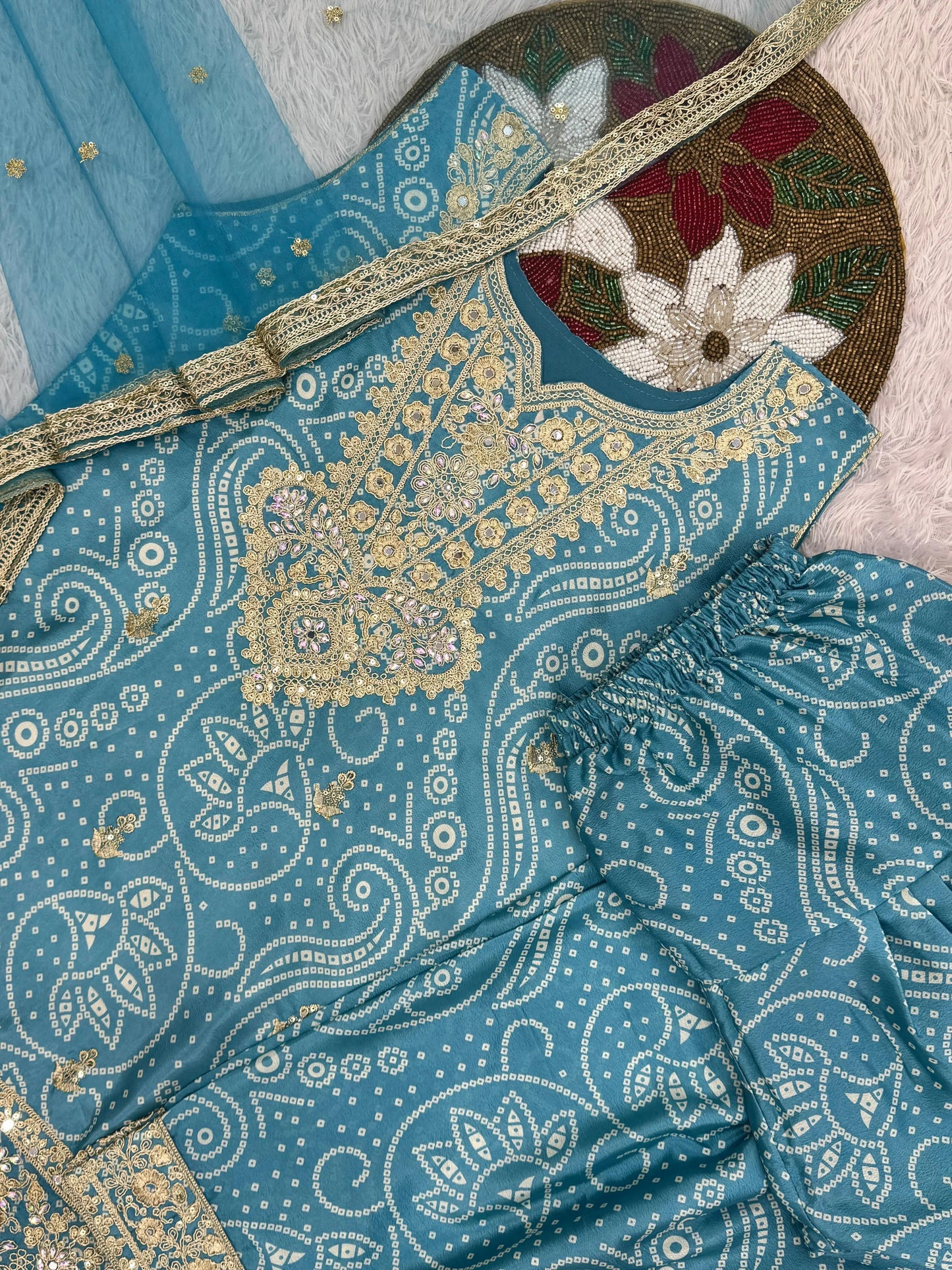 Chinon Silk Sequence Embroidery Work Bandhani Print Kurti Dhoti Pant Dupatta Set (Ready to Wear) Ethenika.com