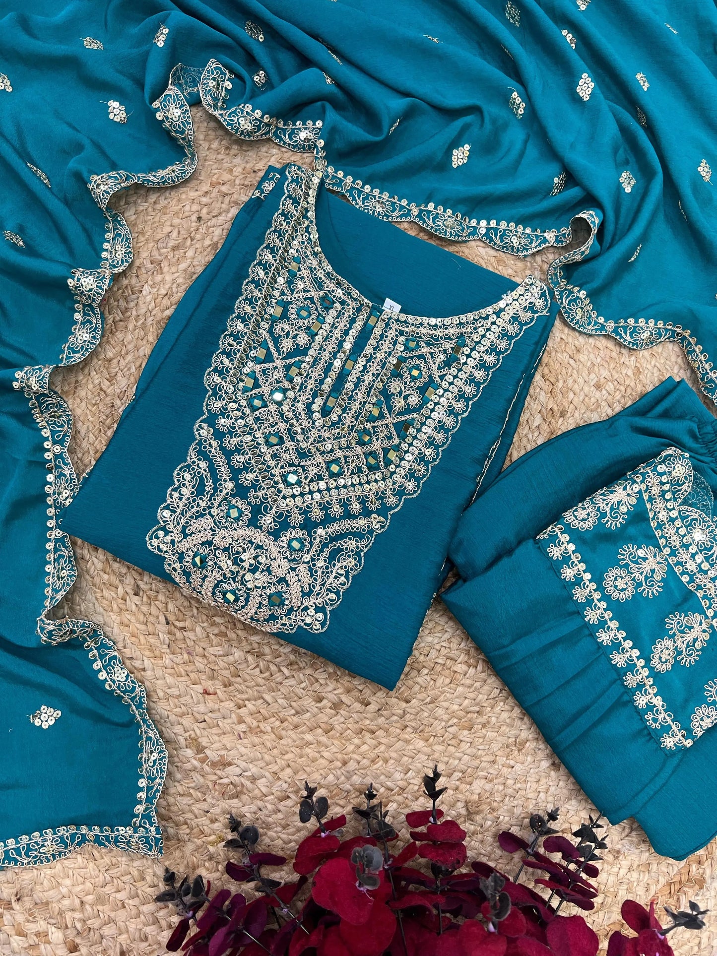 Chinon Silk Sequence Embroidery work Party Wear 3Pc Kurti Pant Dupatta Set (Stitched) - Premium from Ethenika.com - Just INR 3590! Shop now at Ethenika.com