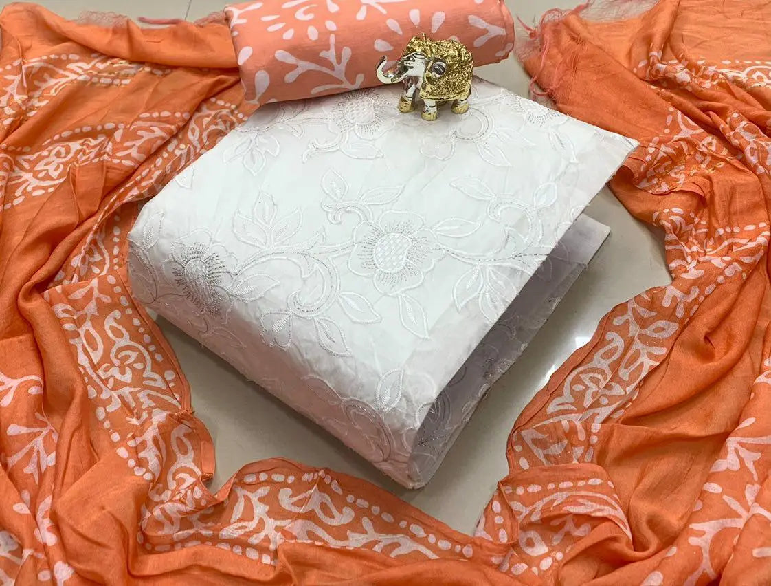 Cotton Embroidery Kurti with Barik Salwar Dupatta Set (Unstitched) Ethenika.com