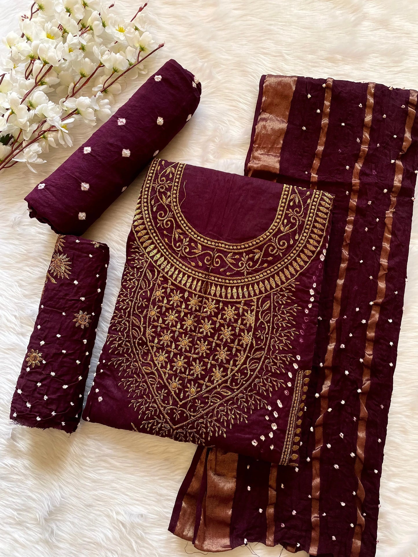 Cotton Full Zari Kadhai Work Bandhani Material (Unstitched) Ethenika.com