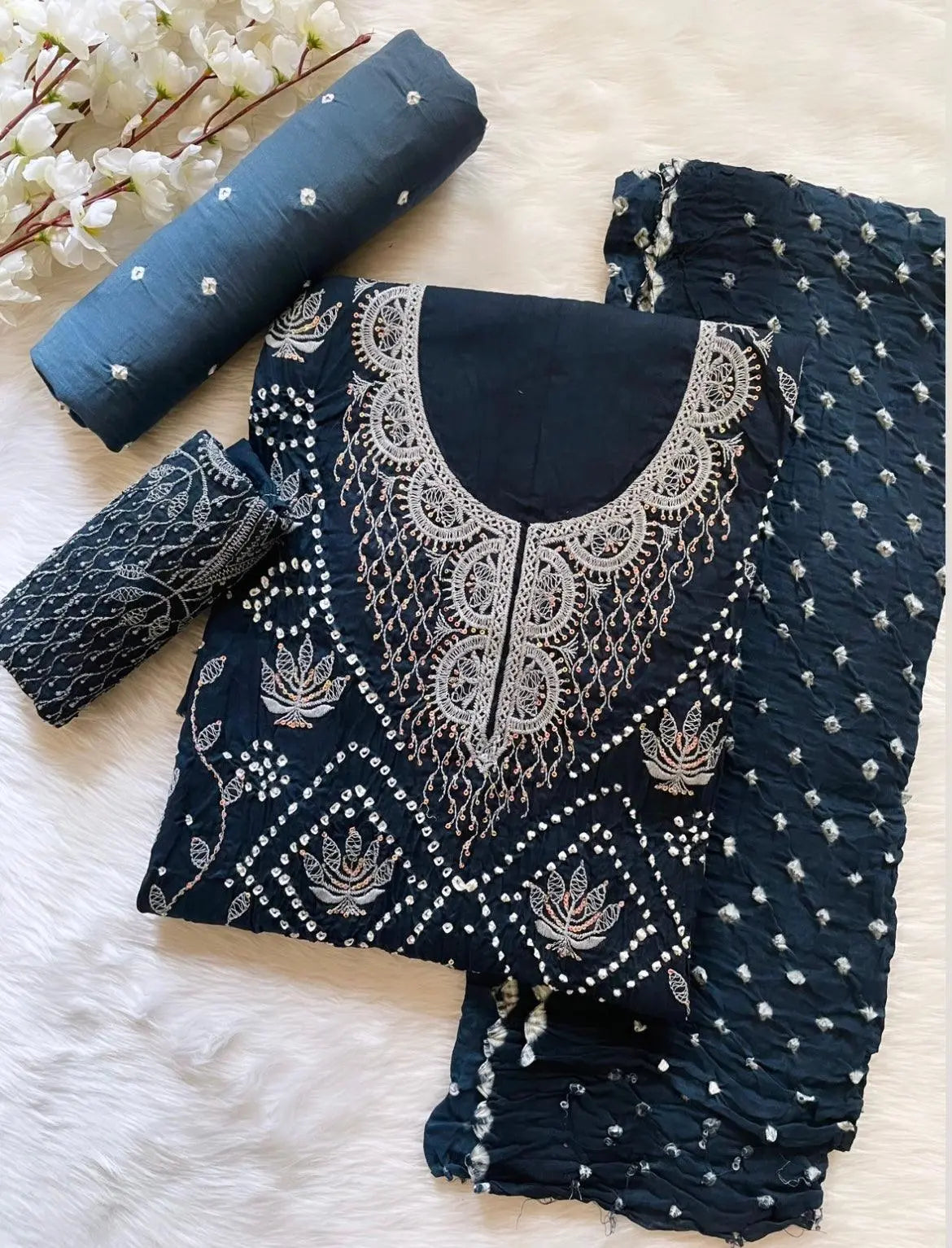 Cotton Hand Barik Thread Work Bandhani Dress Material (Unstitched) Ethenika.com