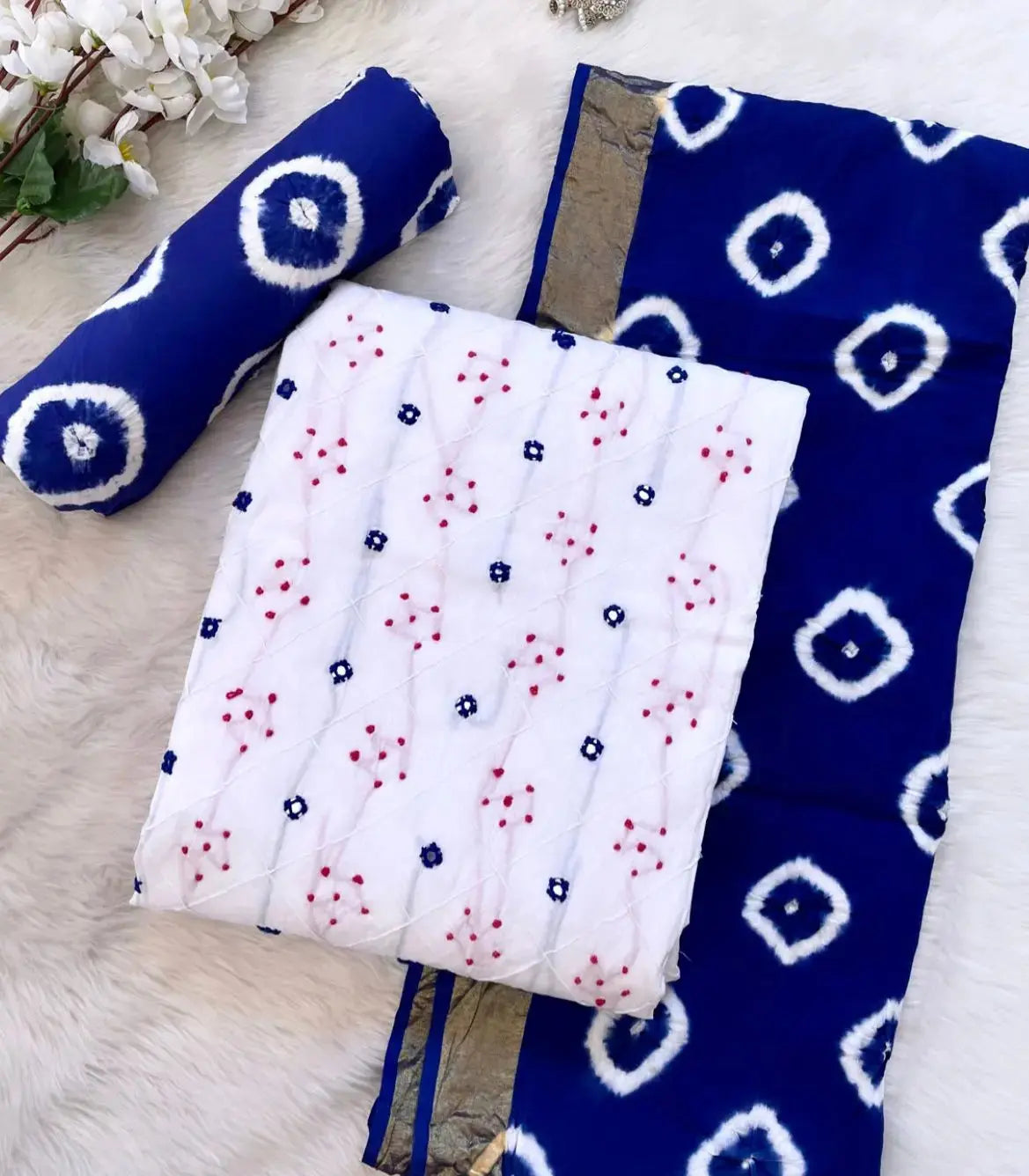 Cotton Mirror Thread work Bandhani Material (Unstitched) Ethenika.com