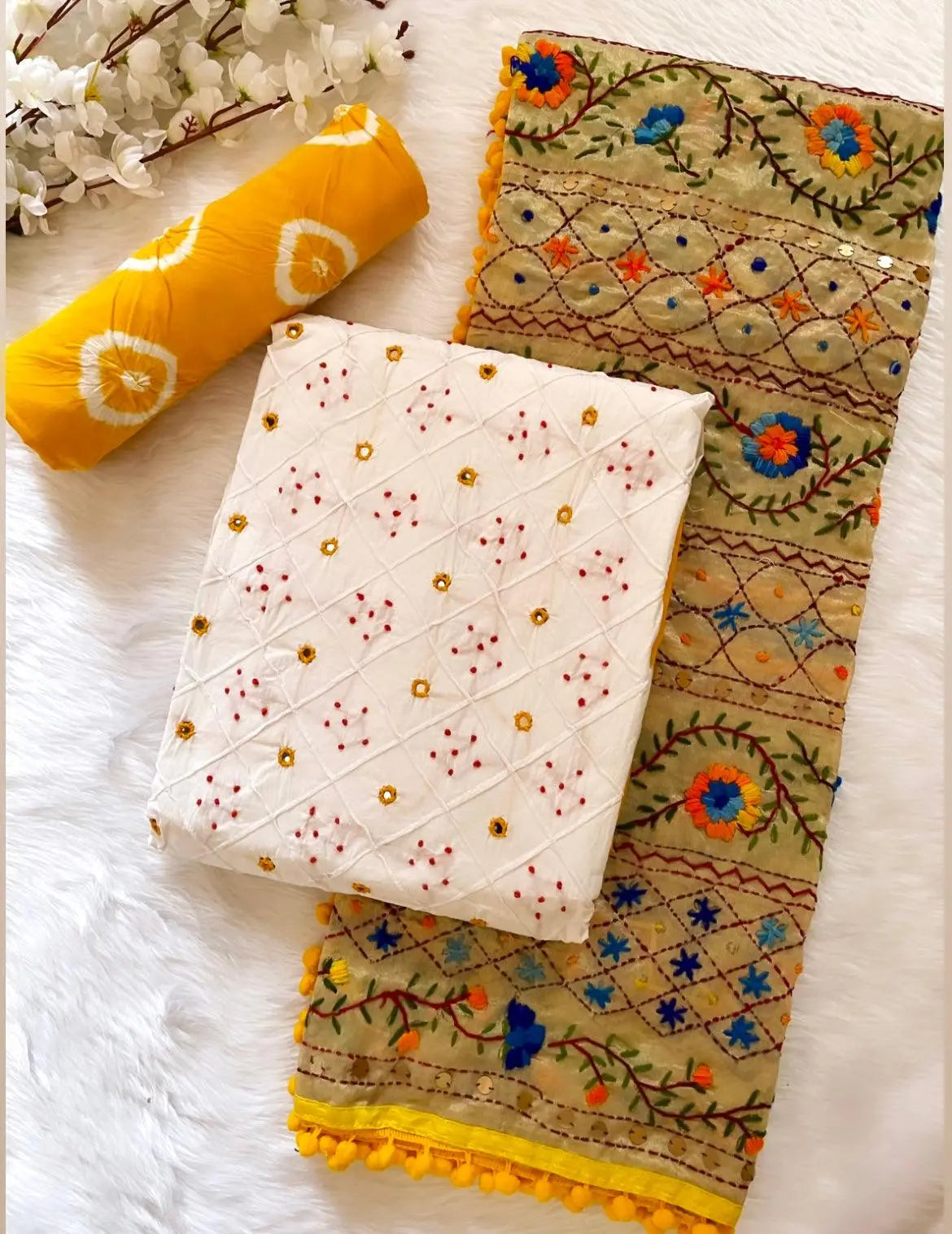 Cotton Mirror Thread work with Phulkari Dupatta Bandhani Material ( Unstitched) - Premium from Ethenika - Just INR 2490! Shop now at Ethenika.com