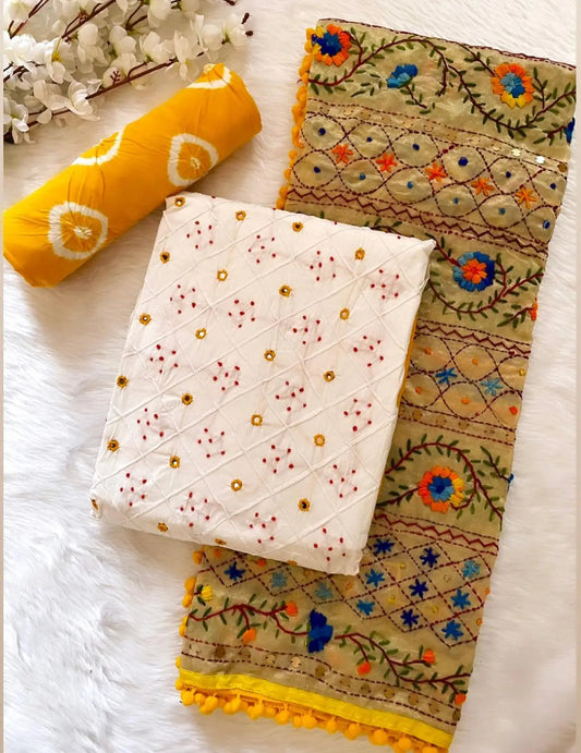 Cotton Mirror Thread work with Phulkari Dupatta Bandhani Material ( Unstitched) - Premium  from Ethenika - Just INR 2490! Shop now at Ethenika.com
