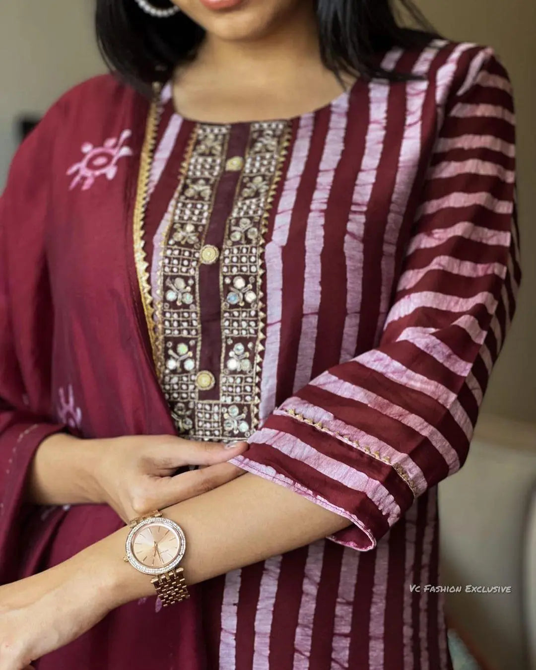 Cotton Neckline work Batik Kurti Pant Dupatta Set (Stitched) Ethenika.com