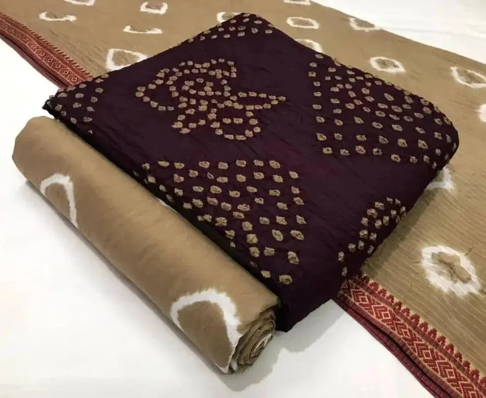 Cotton Satin  Chiku Panel Bandhani Salwar Suit ( Unstitched) Ethenika.com