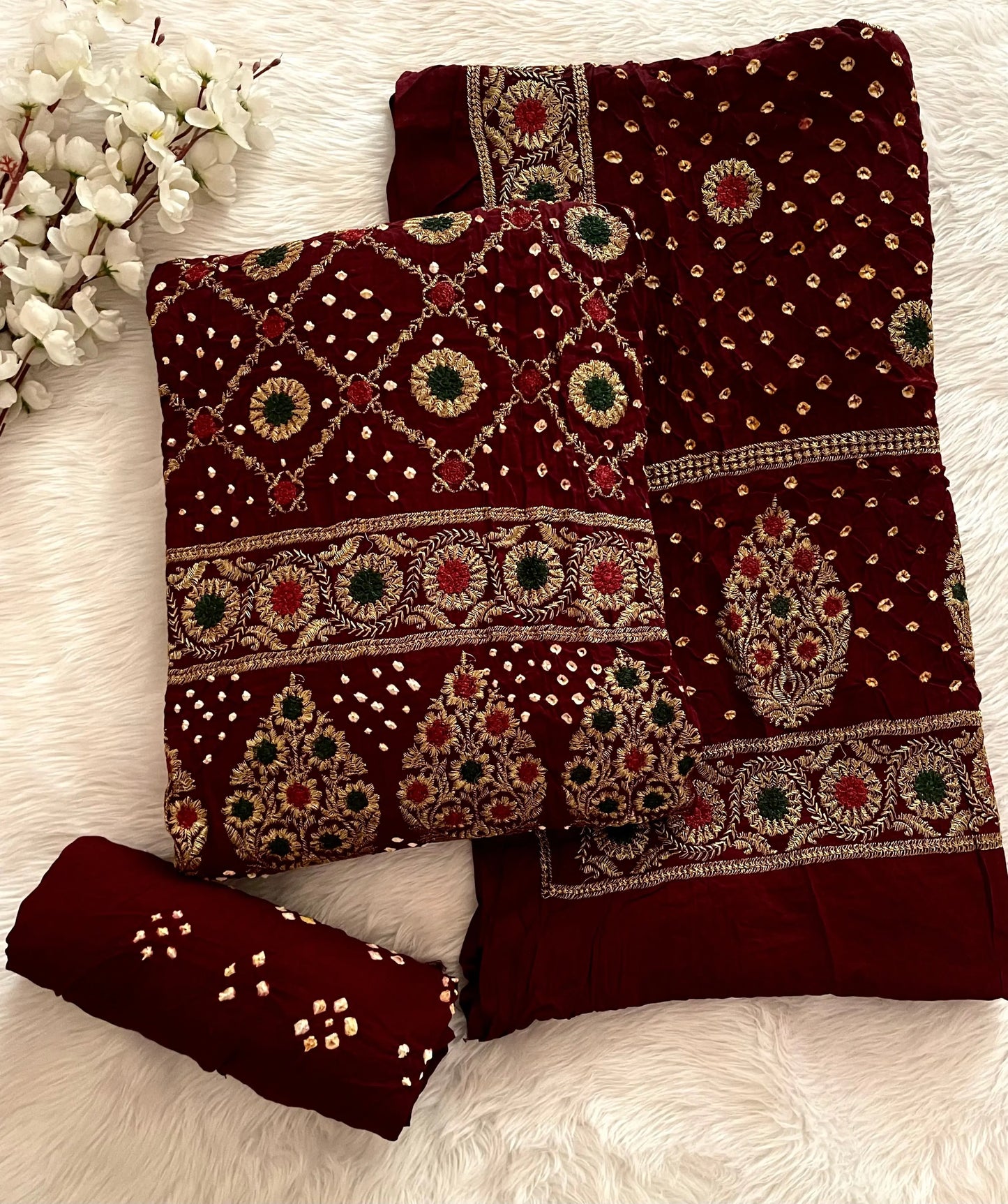 Cotton Satin Authentic Full Hand Tila Work Embroidery Kutch Bandhani Dress Material (Unstitched) Ethenika.com
