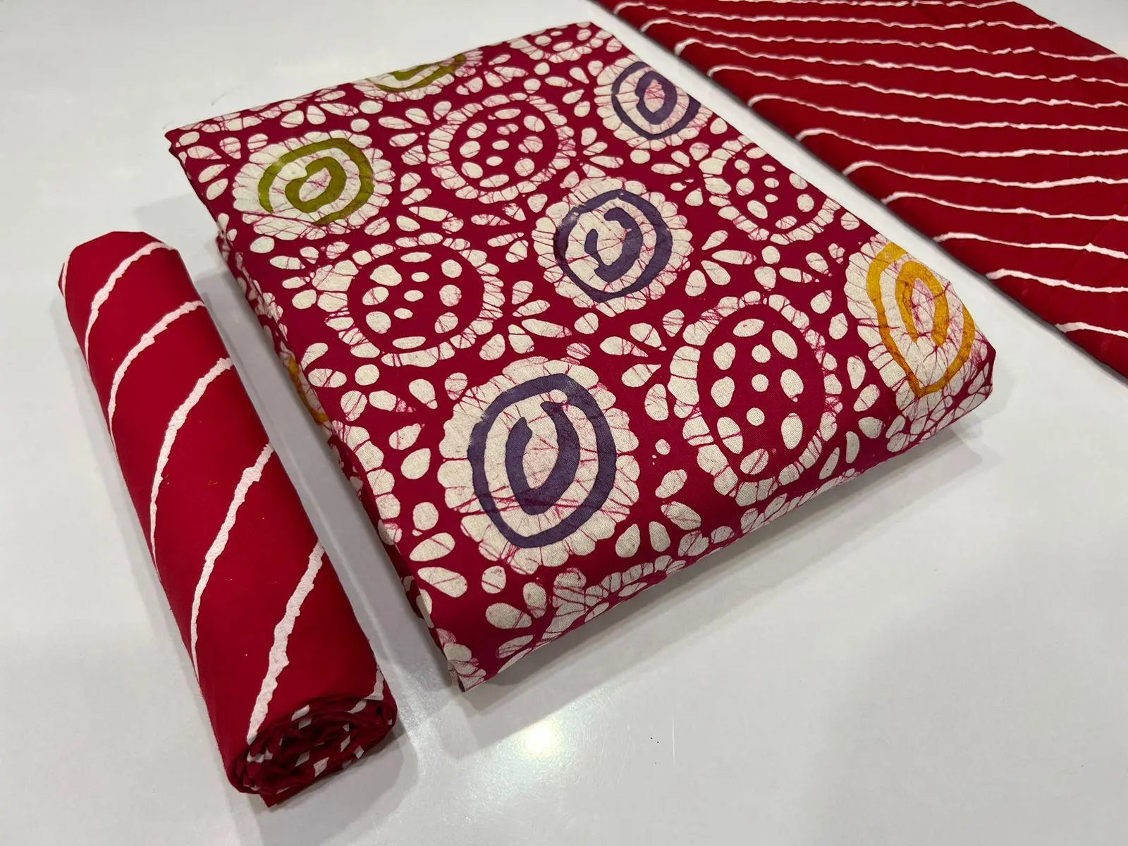 Cotton Satin Hand Blocked Leheriya Wax Batik Material (Unstitched) Ethenika.com