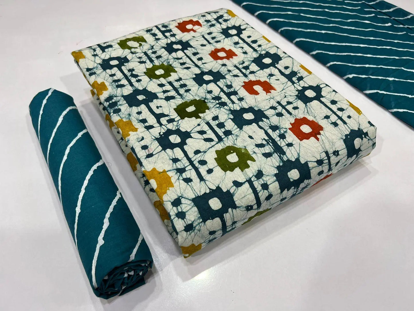 Cotton Satin Hand Blocked Leheriya Wax Batik Material (Unstitched) Ethenika.com