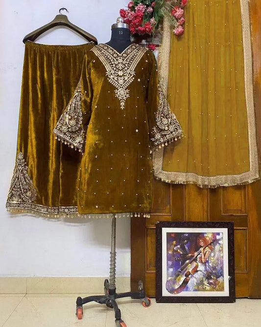 Ethenika Embroidery Work Winter Wear Velvet Kurti Pant Dupatta Set - Premium  from Ethenika.com - Just INR 2790! Shop now at Ethenika.com