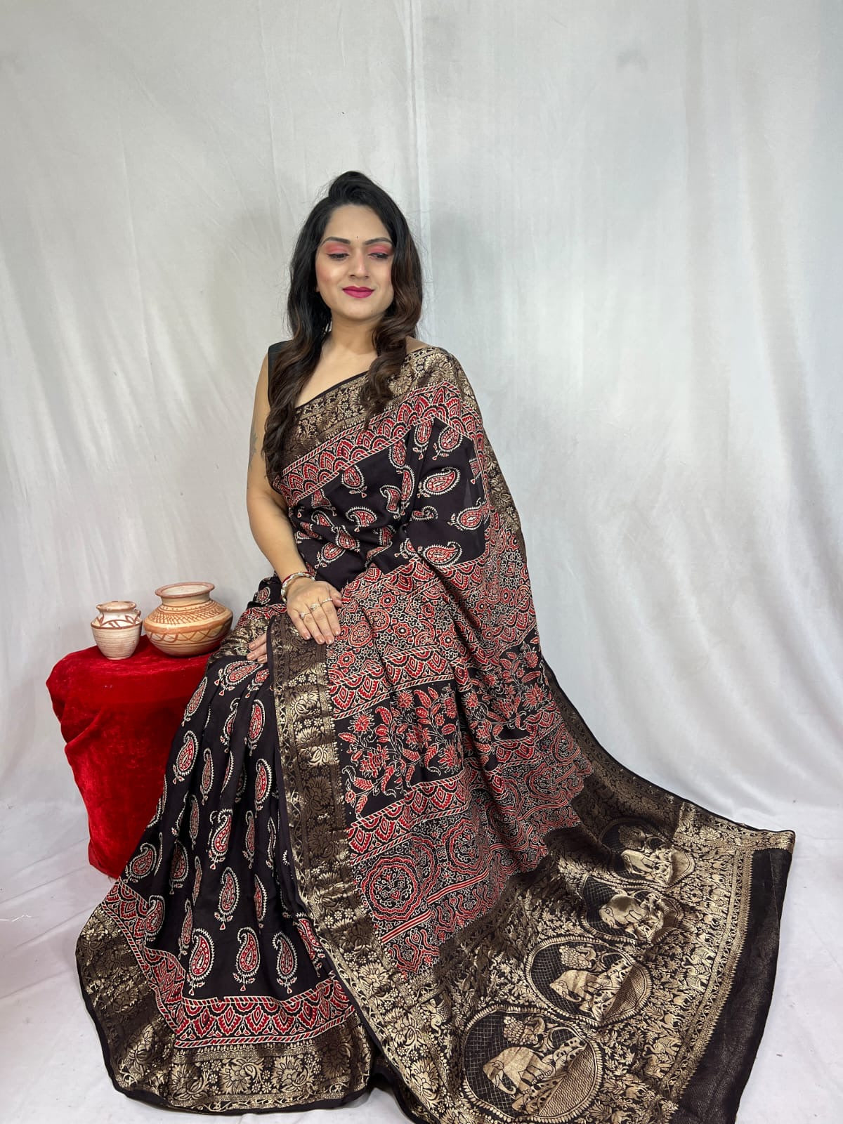 Dola Silk Original Handblocked Ajrakh work Saree - Premium from Ethenika.com - Just INR 6990! Shop now at Ethenika.com
