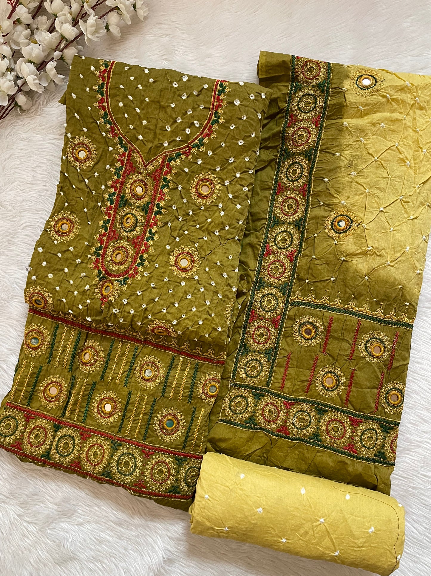 Ethenika Originals Mirror Hand Embroidery Tila Work With Heavy Work Dupatta Bandhani Dress Material (Unstitched) - Premium from Ethenika.com - Just INR 4590! Shop now at Ethenika.com