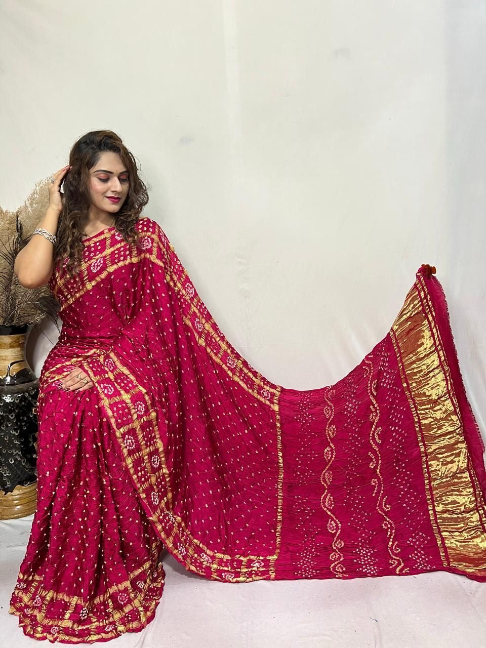 Pure Modal Silk Golden Chex Hand Made Barik Bandhej work Silk Bandhani Saree - Premium from Ethenika.com - Just INR 5990! Shop now at Ethenika.com