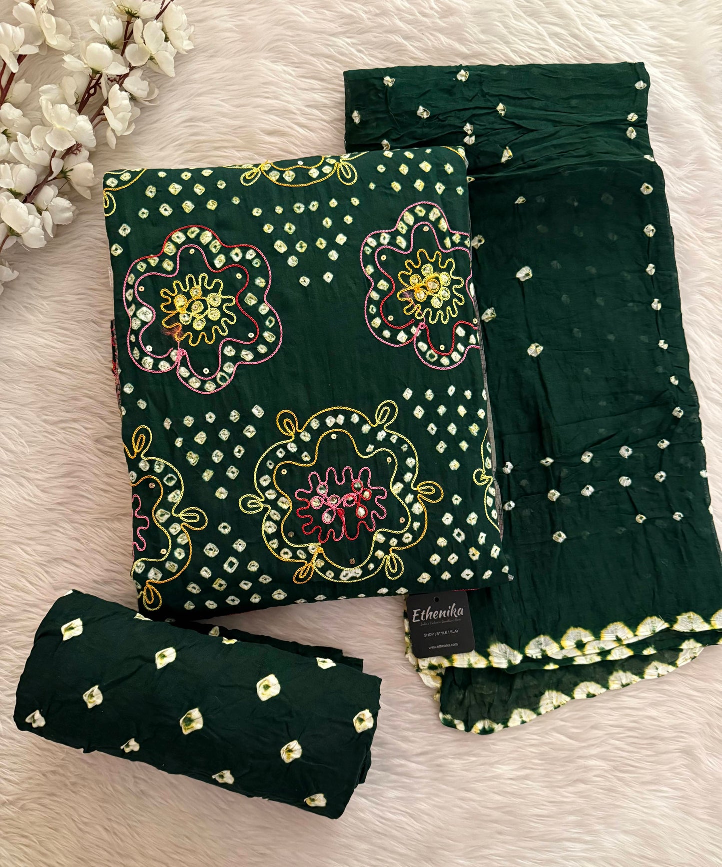 Ethenika.com Soft Cotton Mirror Thread Work Bandhani Dress Material Soft Cotton Mirror Thread Work Bandhani Dress Material