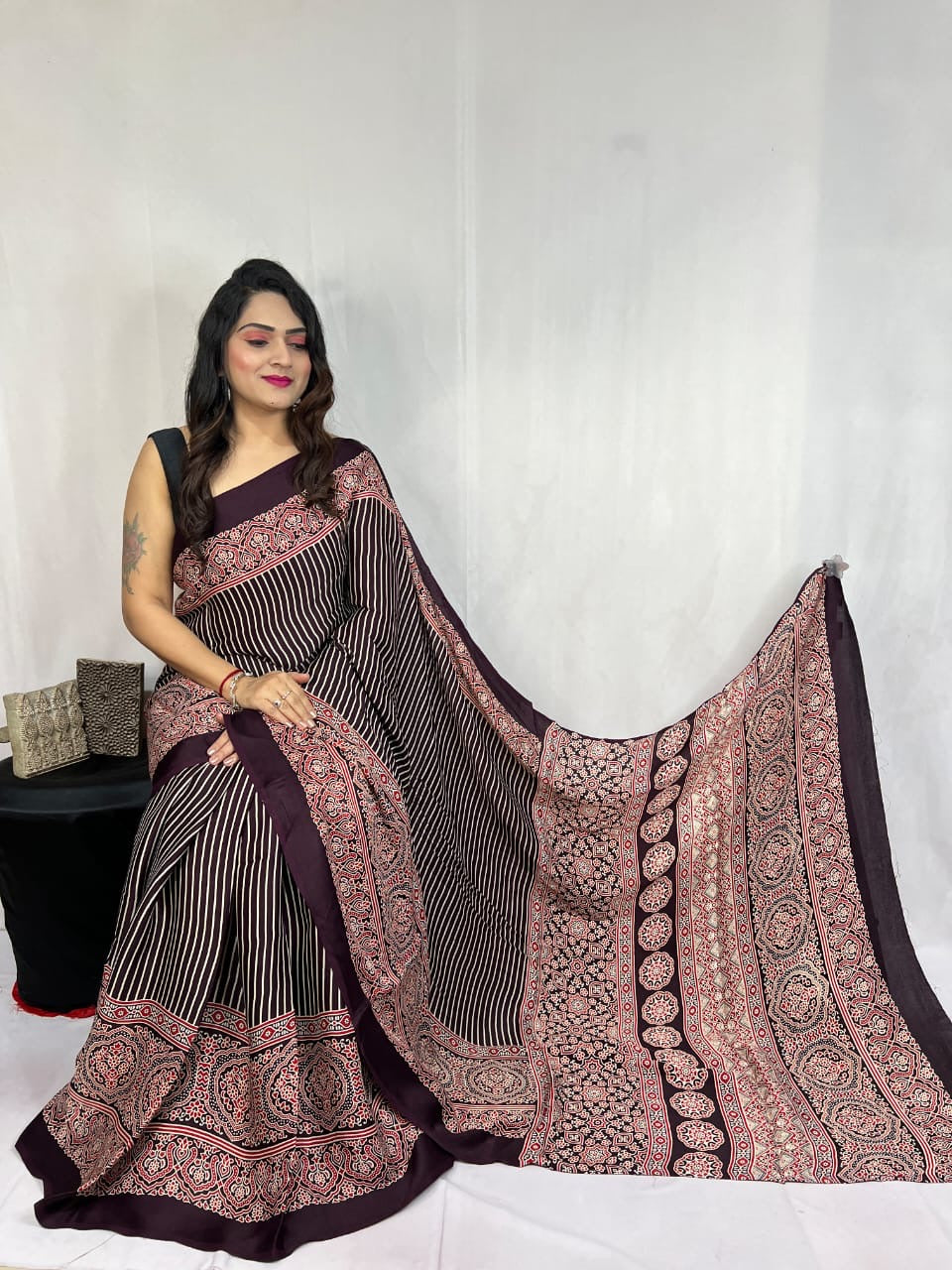 Modal Silk Authentic Hand Blocked Ajrakh work Saree - Premium from Ethenika.com - Just INR 3990! Shop now at Ethenika.com