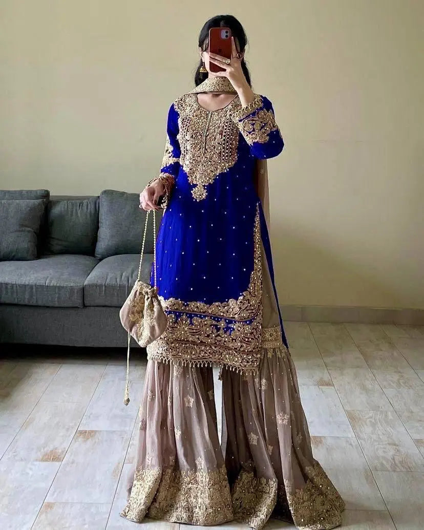 Real mirror Embroidery work Kurti Sharara Dupatta set - Premium from Ethenika.com - Just INR 3990! Shop now at Ethenika.com