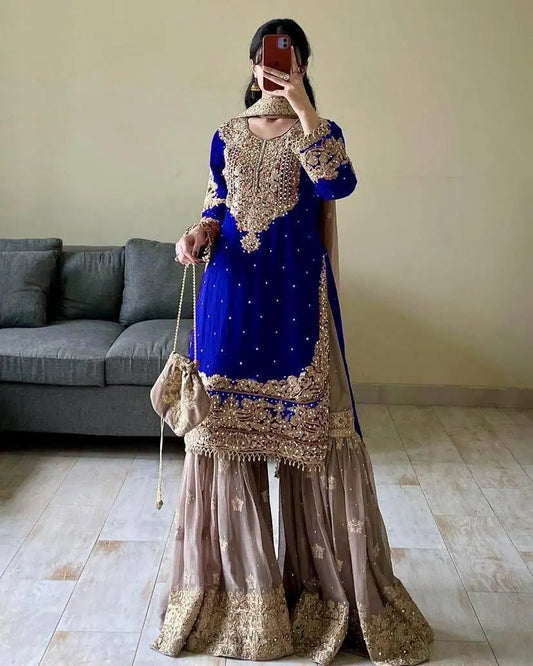 Real mirror Embroidery work Kurti Sharara Dupatta set - Premium  from Ethenika.com  - Just INR 3990! Shop now at Ethenika.com
