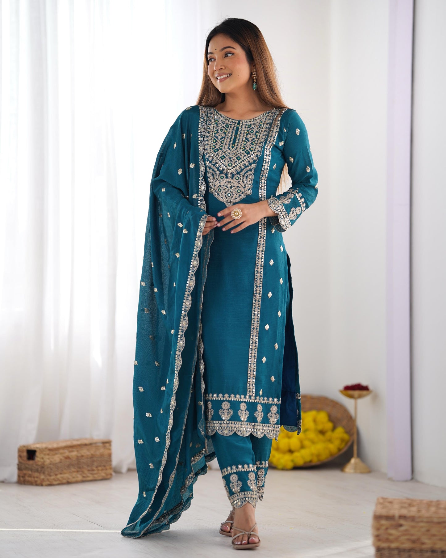 Chinon Silk Sequence Embroidery work Party Wear 3Pc Kurti Pant Dupatta Set (Stitched) - Premium from Ethenika.com - Just INR 3590! Shop now at Ethenika.com
