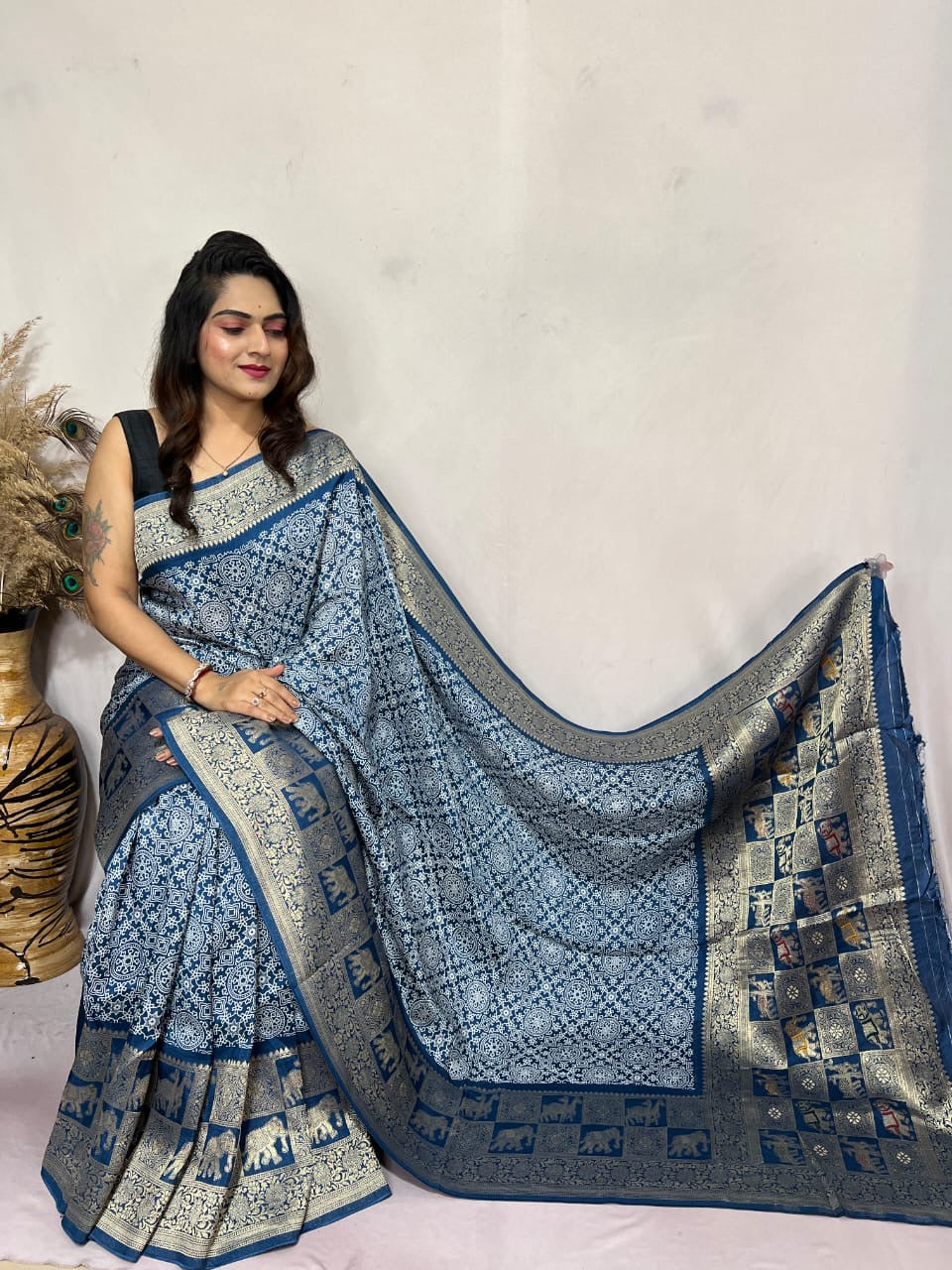 Dola Silk Authentic Hand Crafted Ajrakh Work Saree - Premium from Ethenika.com - Just INR 5990! Shop now at Ethenika.com