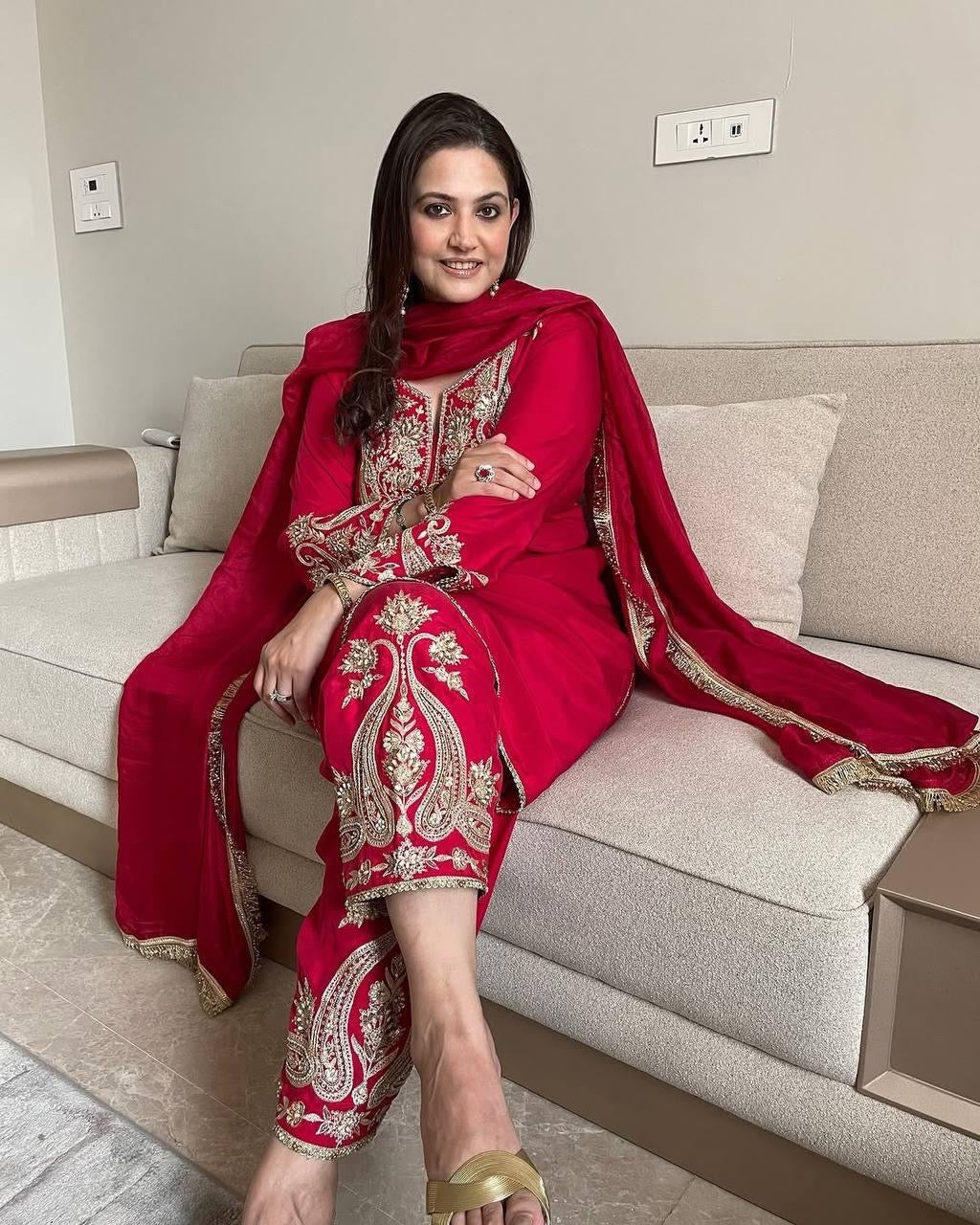 Pure Chinon Silk Sequence Silver Embroidery work Party Wear Kurti Pant Dupatta Set (Stitched) - Premium from Ethenika.com - Just INR 2990! Shop now at Ethenika.com