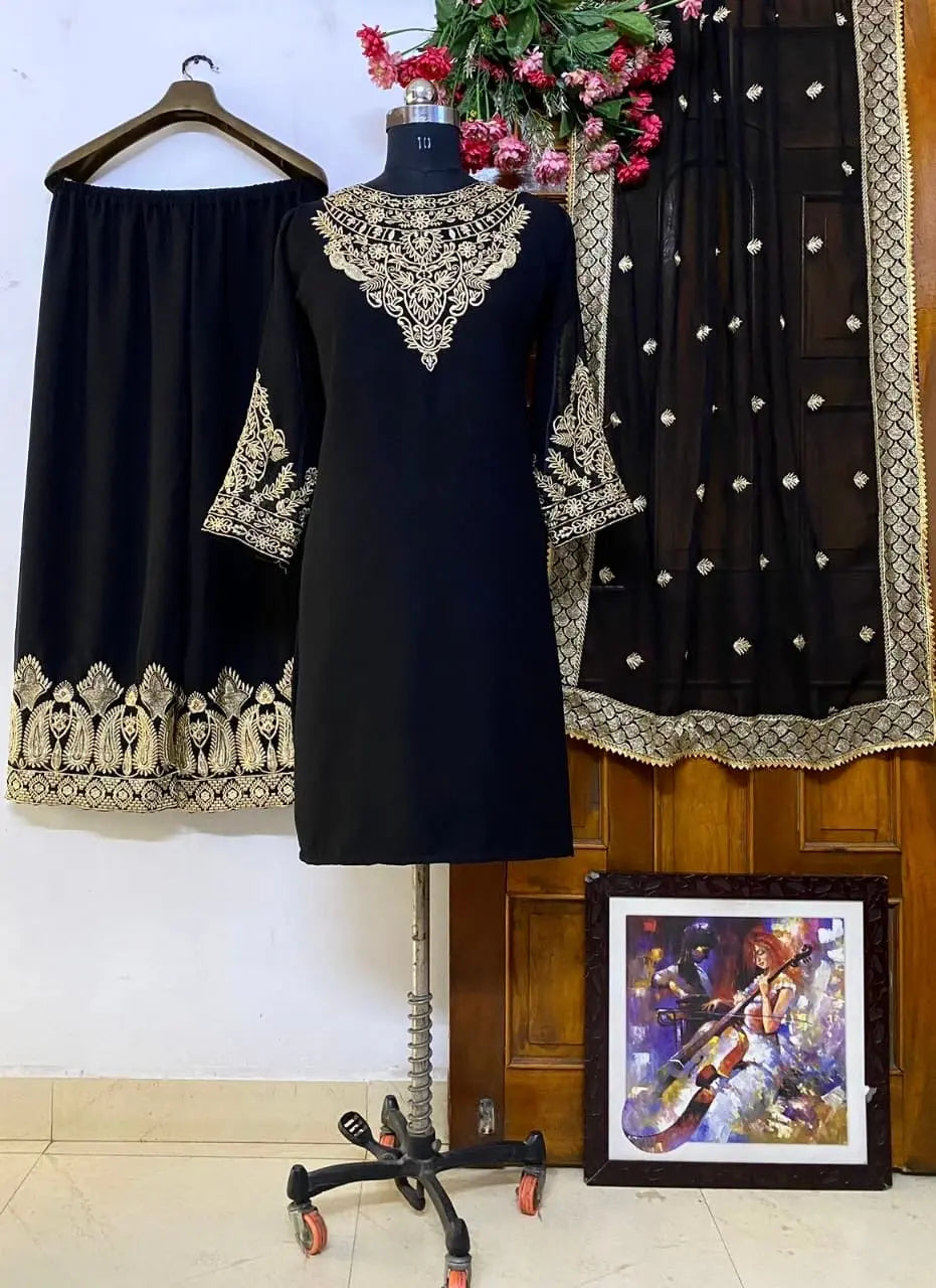 Georgette Zari Embroidery Stone neck work kurti Pant Dupatta Set - Premium from Ethenika.com - Just INR 2490! Shop now at Ethenika.com