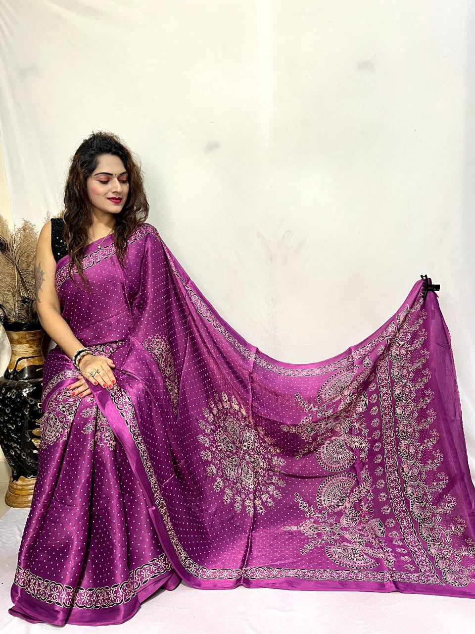 Modal Silk Ajrakh Bandhani Print Silk Saree - Premium from Ethenika.com - Just INR 5990! Shop now at Ethenika.com