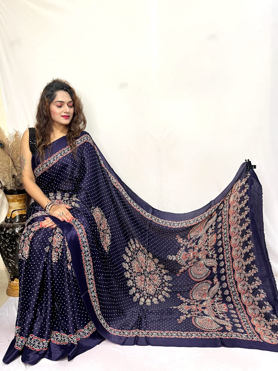 Modal Silk Ajrakh Bandhani Print Silk Saree - Premium from Ethenika.com - Just INR 5990! Shop now at Ethenika.com