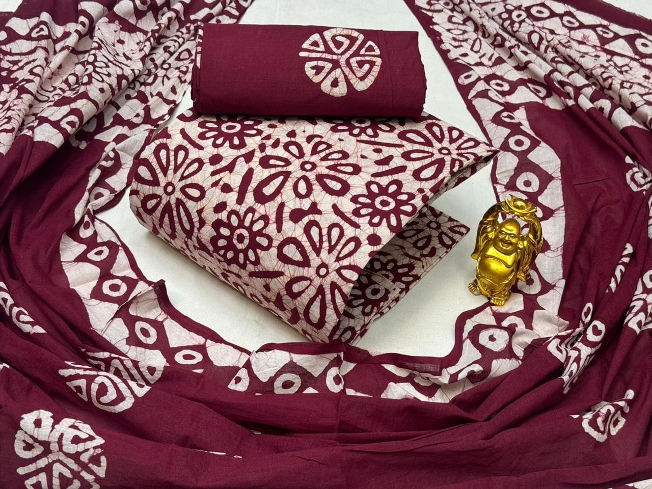 Cotton Hand Block Wax Batik Dress Material Maroon