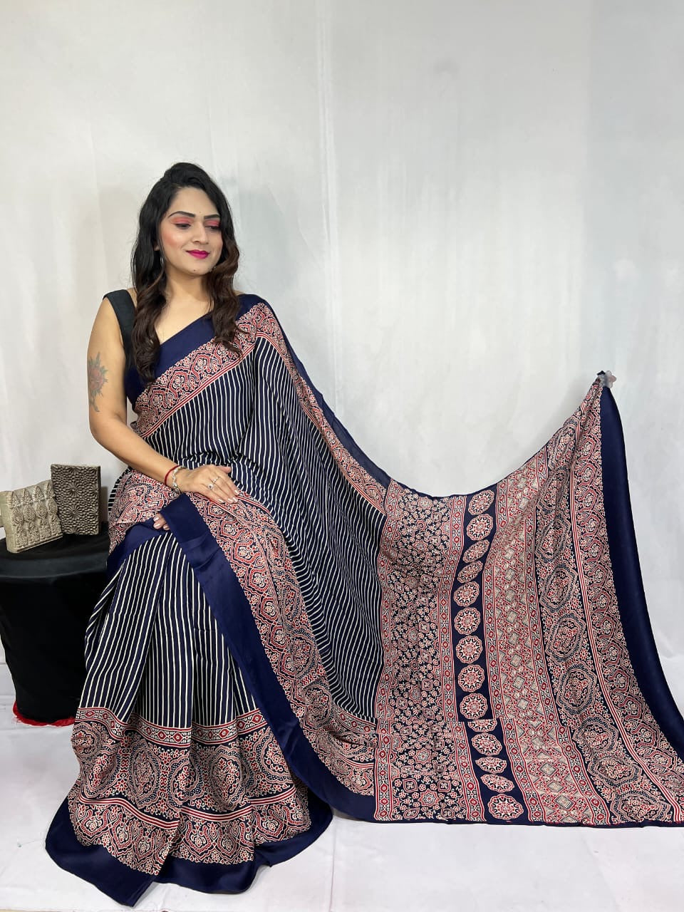 Modal Silk Authentic Hand Blocked Ajrakh work Saree - Premium from Ethenika.com - Just INR 3990! Shop now at Ethenika.com