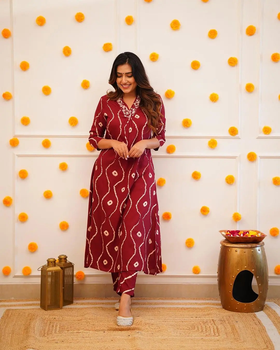 Neckline Thread Work Leheriya Kurti Pant Set (Stitched) - Premium from Ethenika.com - Just INR 1990! Shop now at Ethenika.com