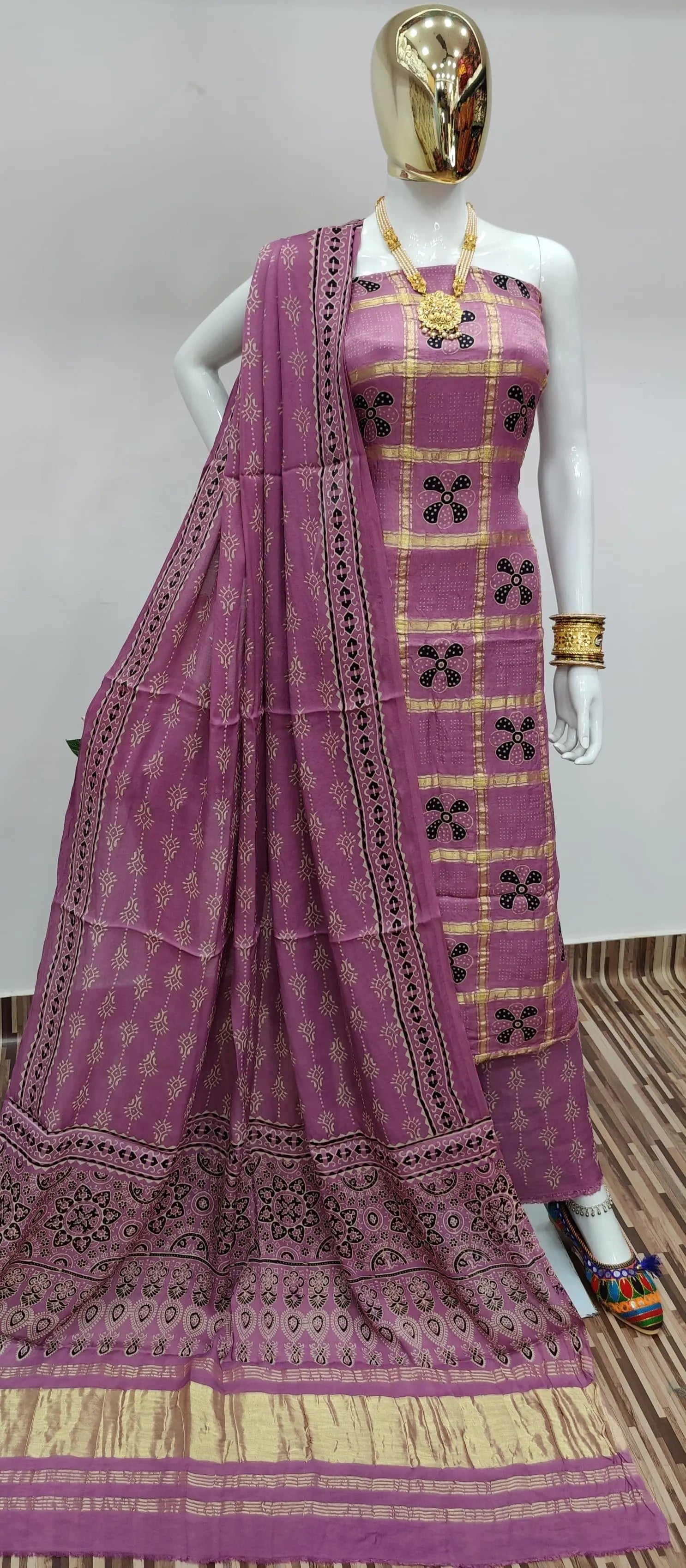 Ghazi Silk Golden Chex Hand print dress material - Premium  from Ethenika.com - Just INR 6999! Shop now at Ethenika.com
