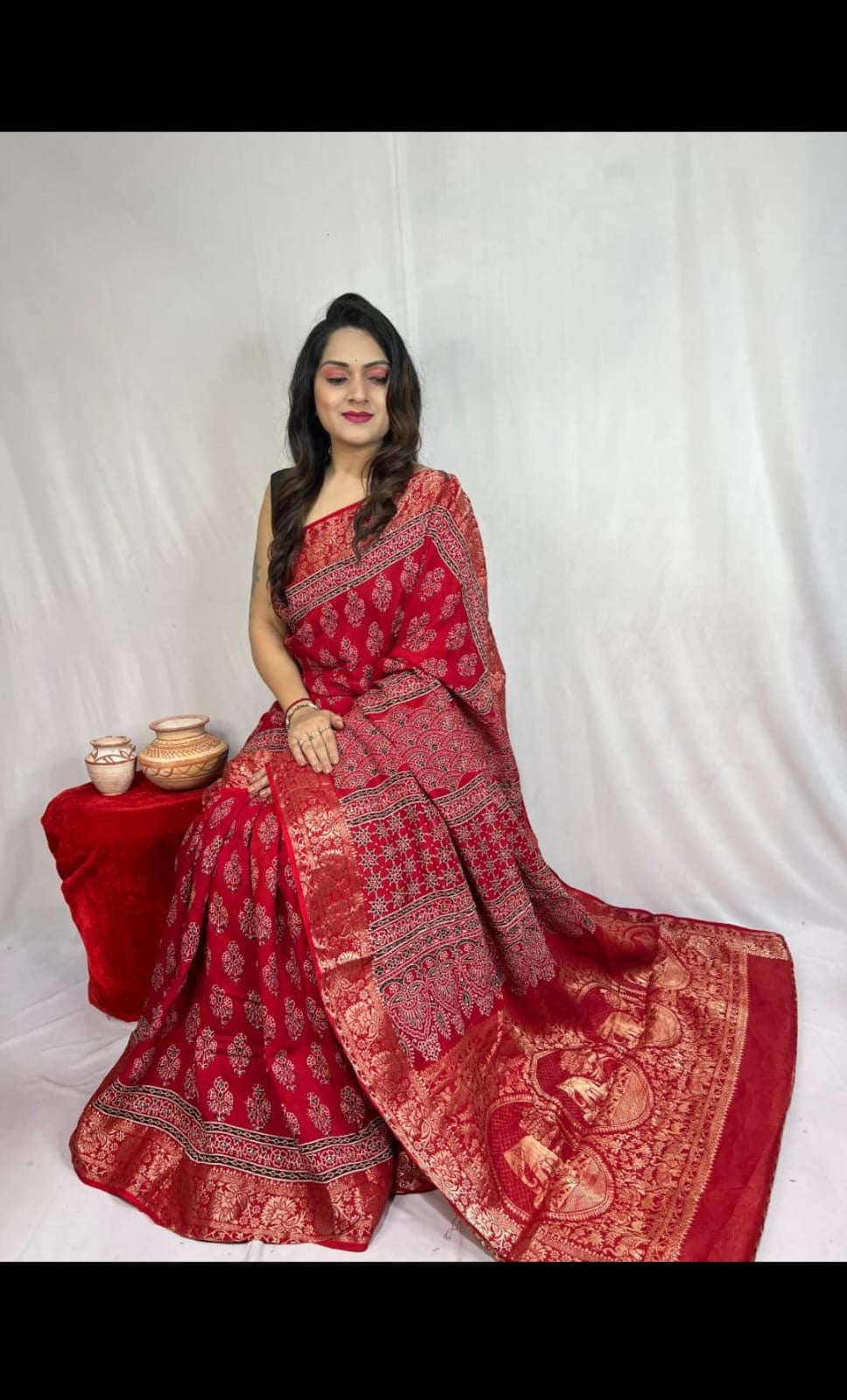 Dola Silk Original Handblocked Ajrakh work Saree - Premium from Ethenika.com - Just INR 6990! Shop now at Ethenika.com