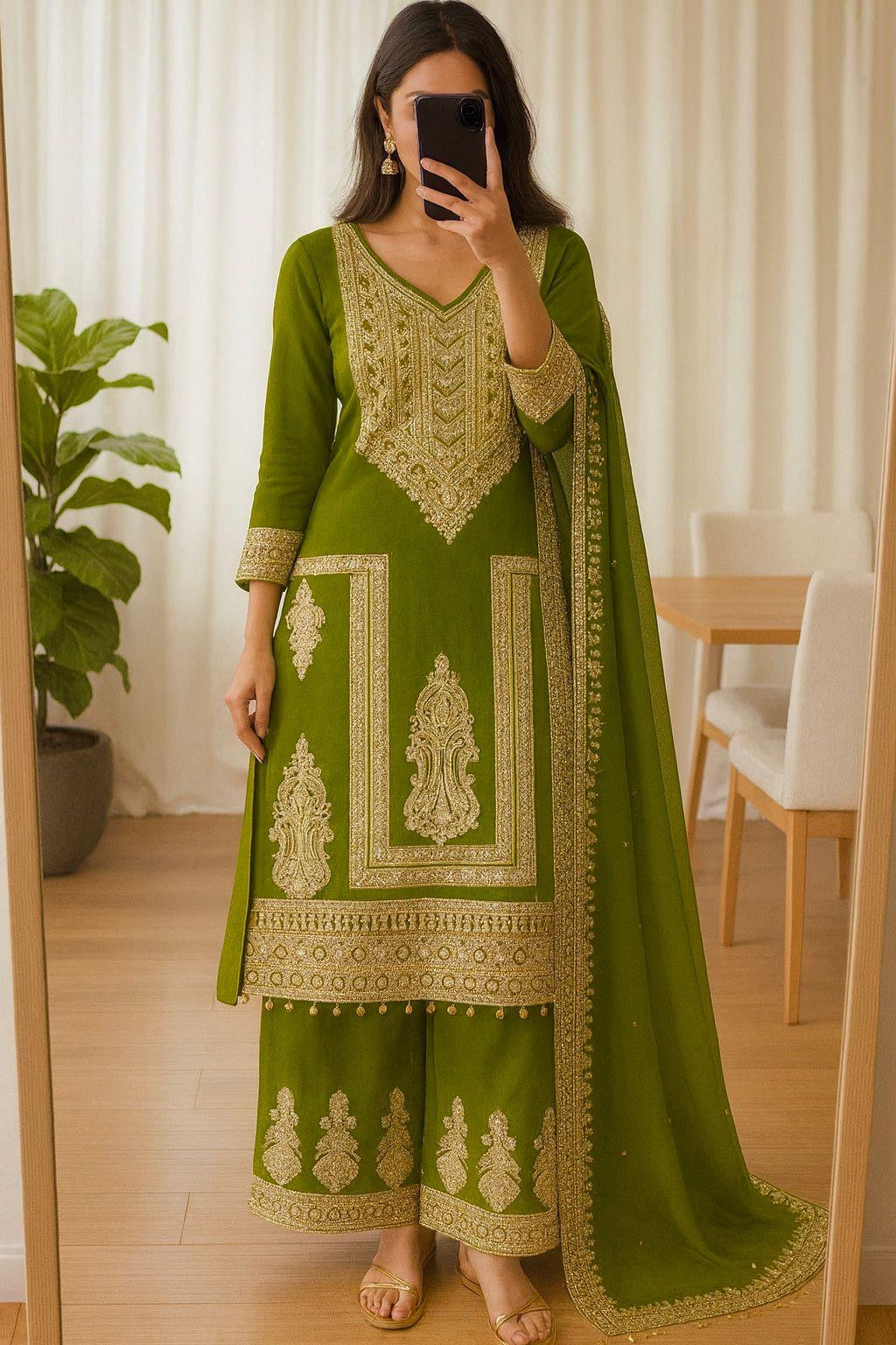 Chinon Silk Coding Dori Sequence Embroidery Work Karwa Chauth Special Designer Kurti Pant Dupatta Set (Ready to Wear)