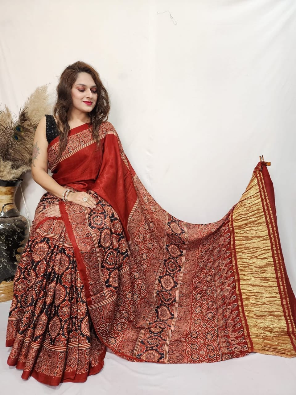 Fine Modal Silk Authetic Hand blocked Ajrakh Print Saree - Premium from Ethenika.com - Just INR 6590! Shop now at Ethenika.com