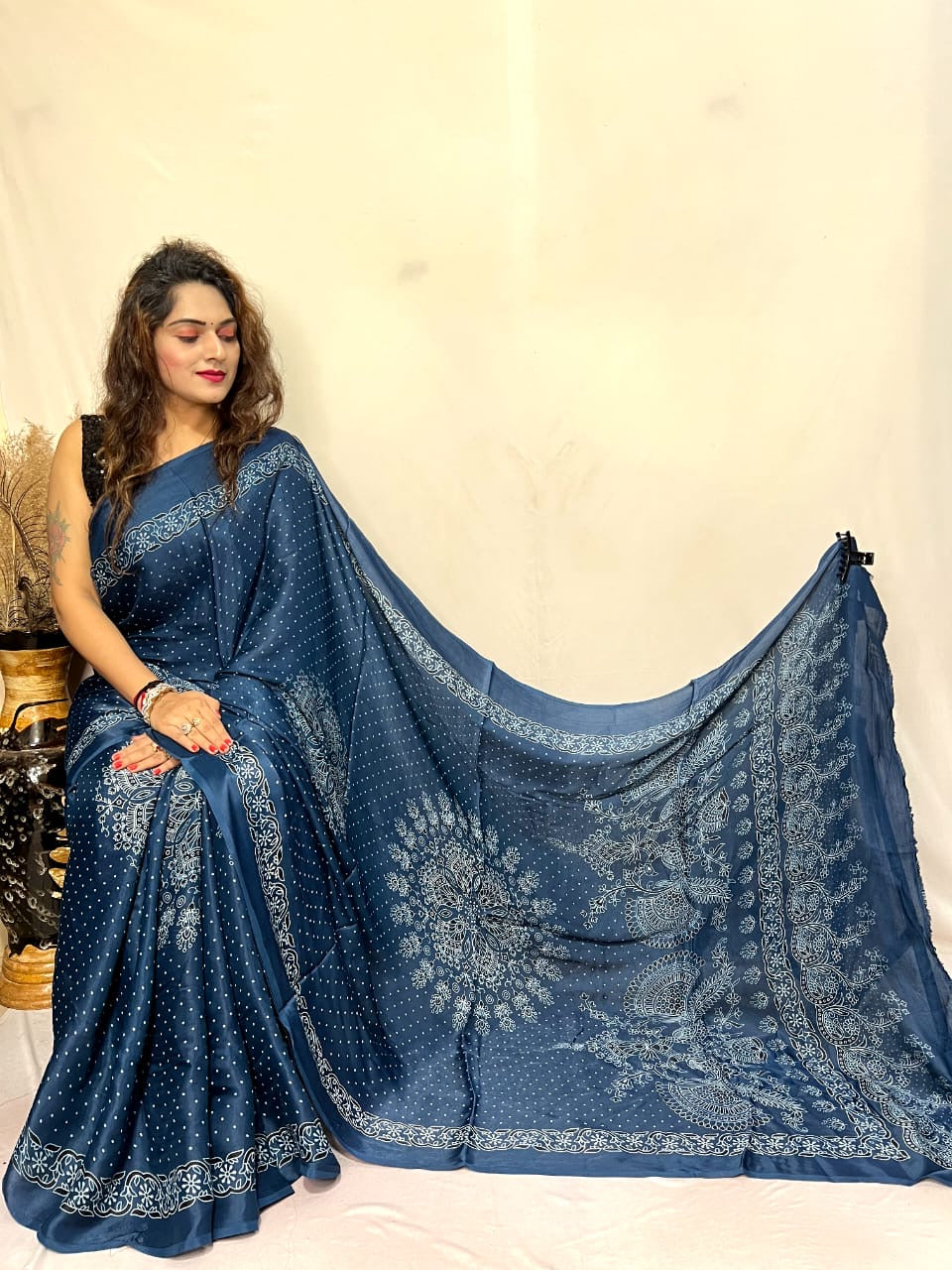 Modal Silk Ajrakh Bandhani Print Silk Saree - Premium from Ethenika.com - Just INR 5990! Shop now at Ethenika.com
