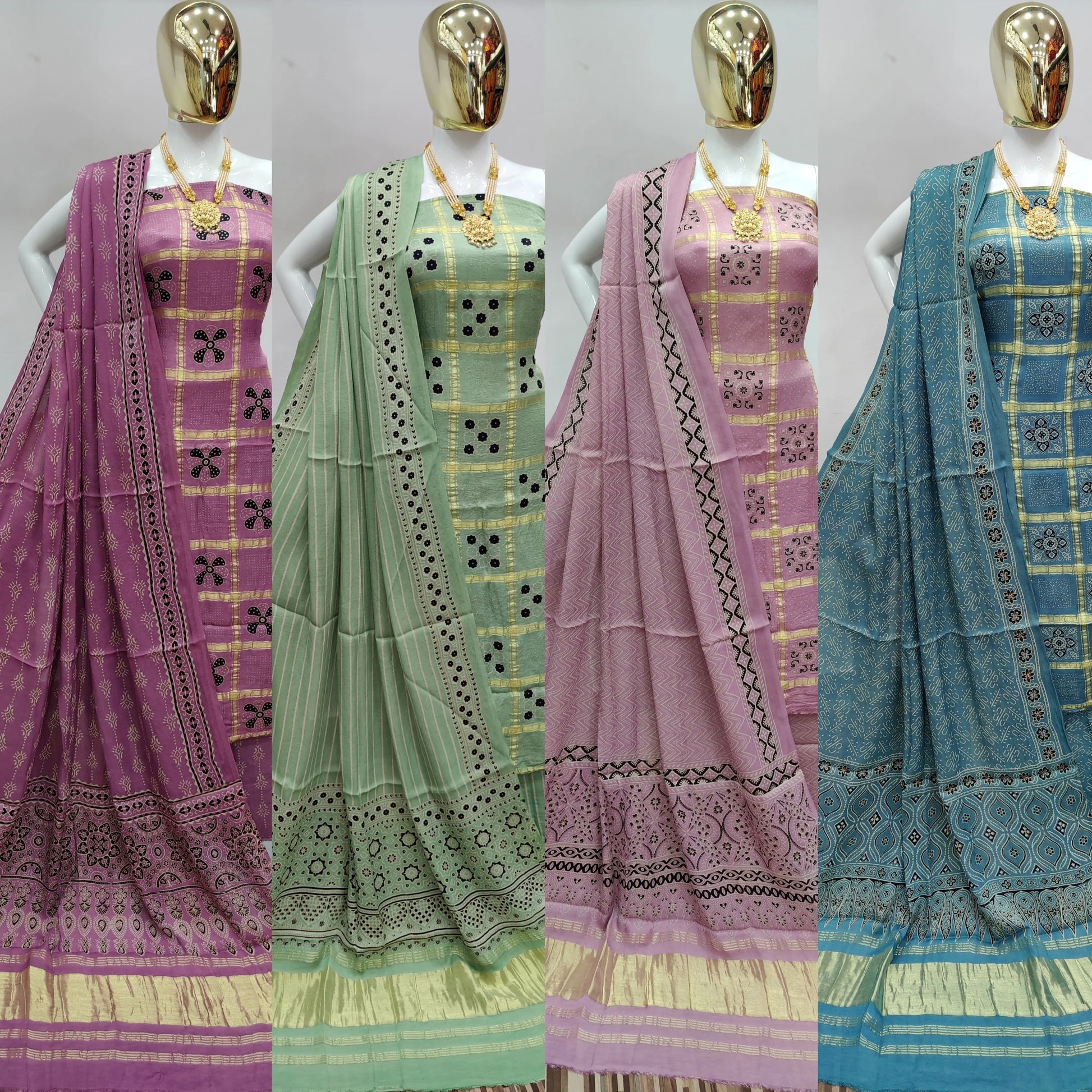 Ghazi Silk Golden Chex Hand print dress material - Premium  from Ethenika.com - Just INR 6999! Shop now at Ethenika.com