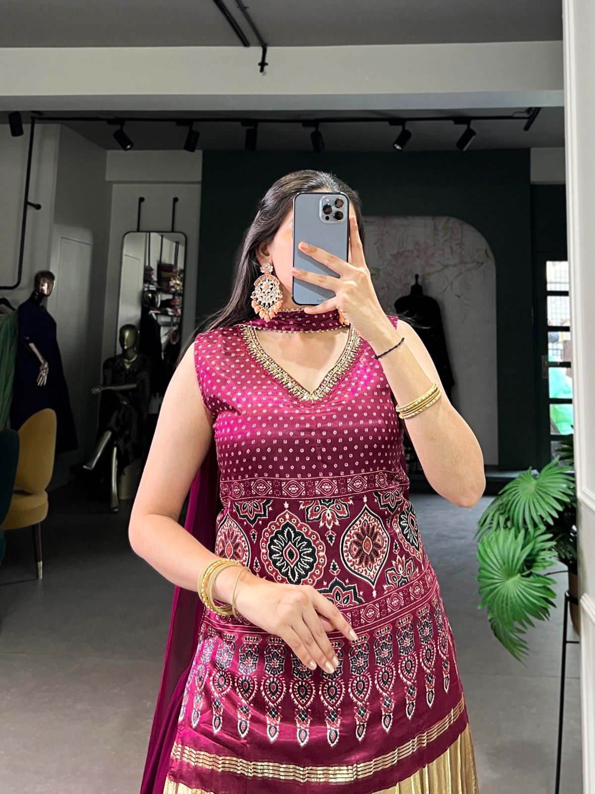 Ghazi Silk Block Print Golden Lagdi Patta work Kurti Palazo Dupatta Set (Ready to Wear) - Premium from Ethenika.com - Just INR 5990! Shop now at Ethenika.com
