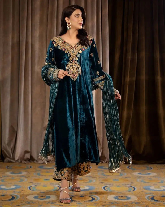 Heavy Neck work Winter Pakistani Velvet Suit Pant Dupatta - Premium  from Ethenika.com - Just INR 2990! Shop now at Ethenika.com