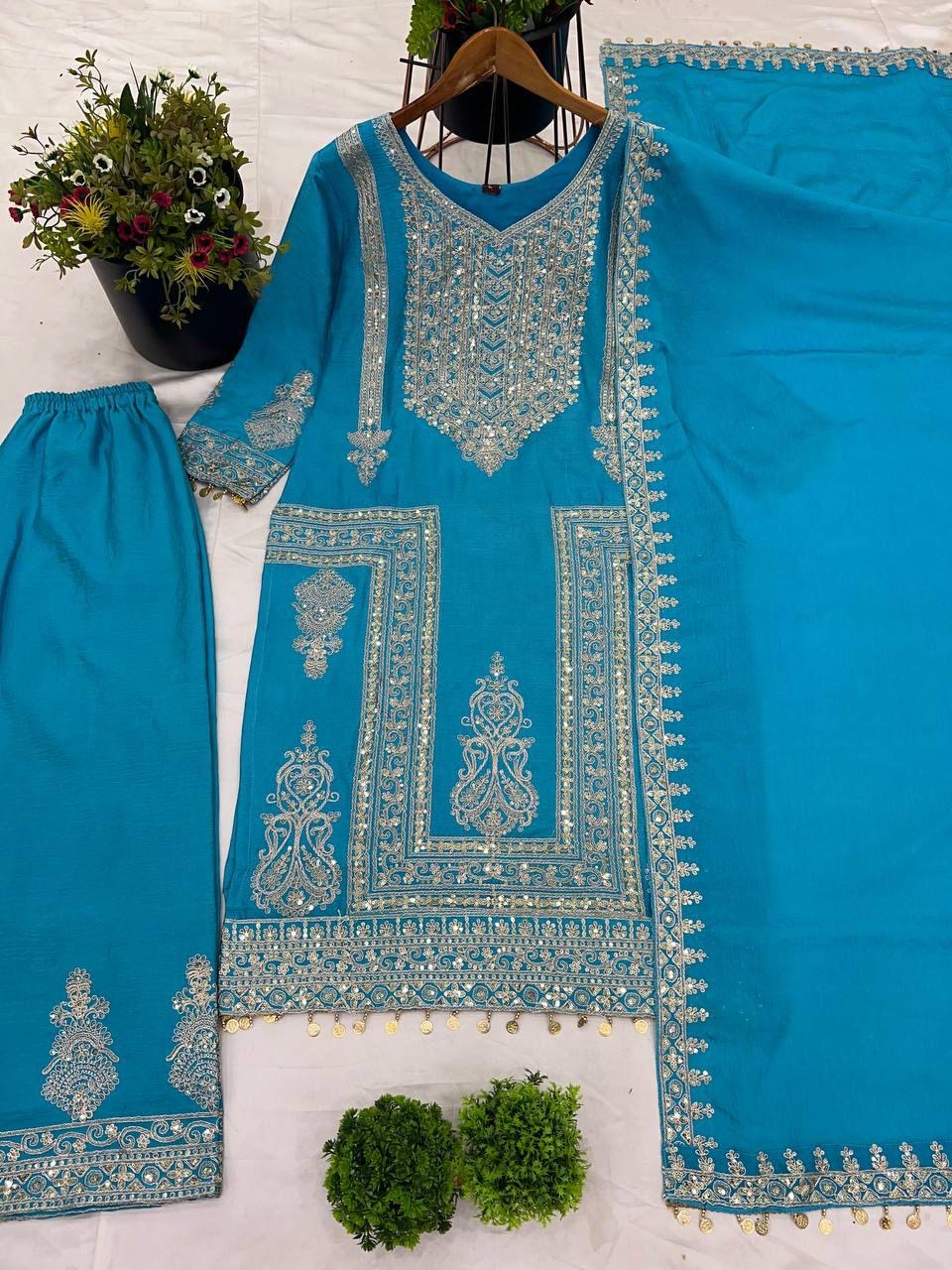 Chinon Silk Coding Dori Sequence Embroidery Work Karwa Chauth Special Designer Kurti Pant Dupatta Set (Ready to Wear)