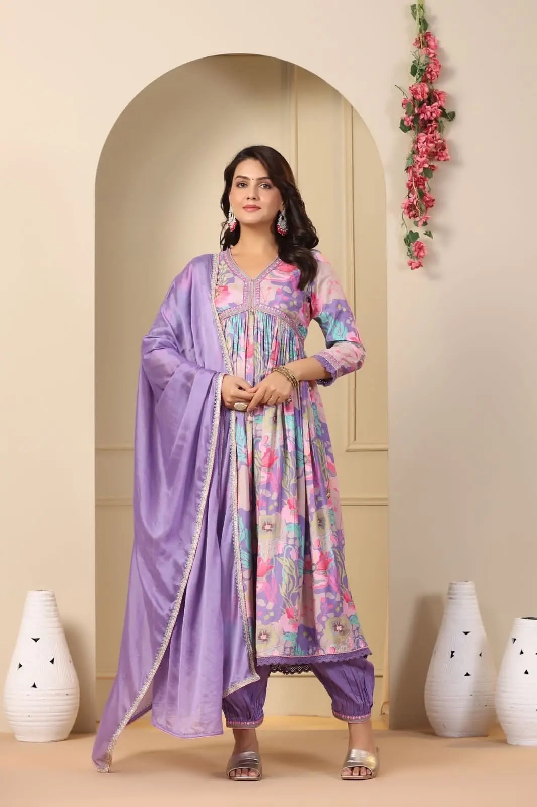 Muslin Alia Cut Zari Embroidery Digital Print work Kurti Pant Set (Stitched) - Premium from Ethenika.com - Just INR 1990! Shop now at Ethenika.com