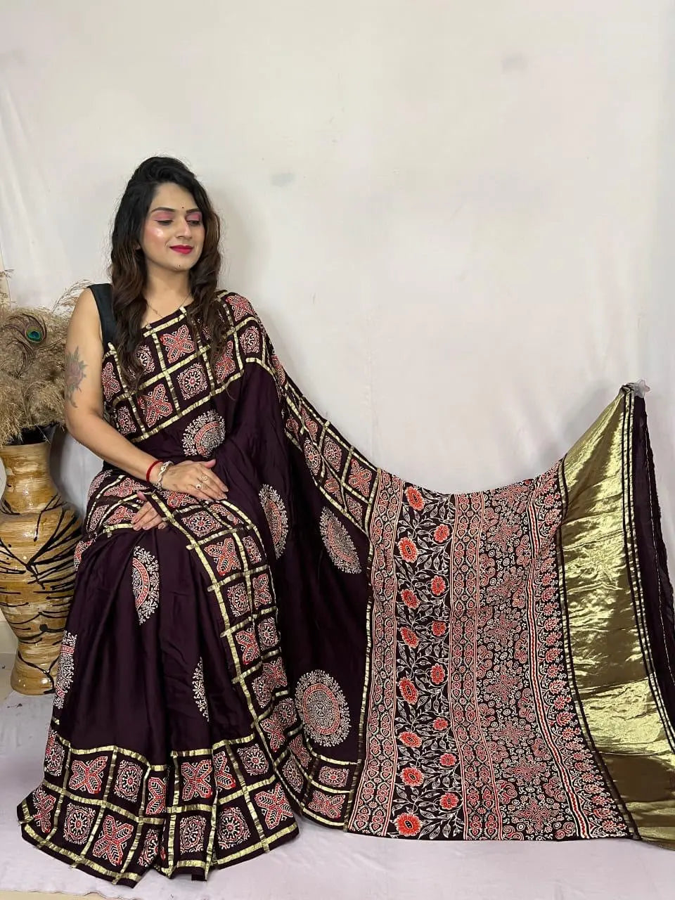 Modal Silk Original Hand Blocked Ajrakh work Lagdi Pallu Saree - Premium from Ethenika.com - Just INR 5990! Shop now at Ethenika.com