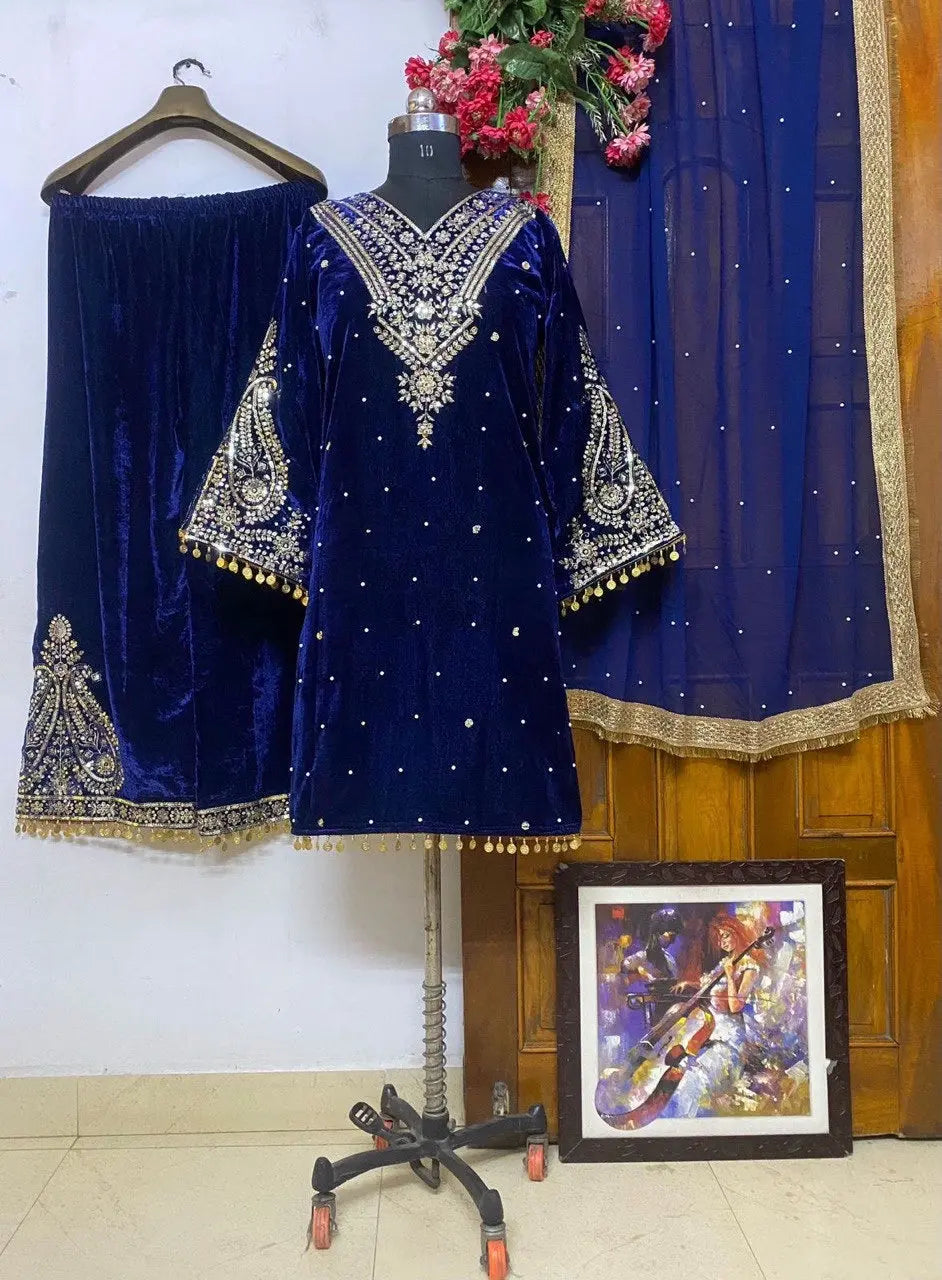 Winter Velvet Embroided Kurti Pant Dupatta Set - Premium  from Ethenika.com - Just INR 2590! Shop now at Ethenika.com