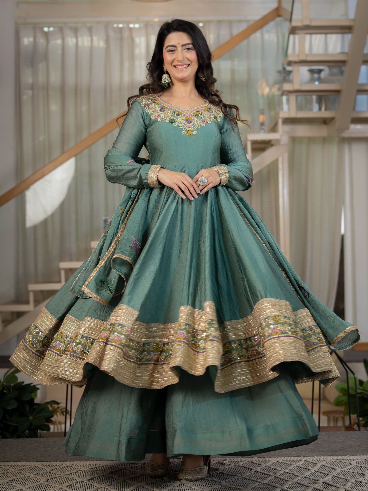 Green Rangoli Silk Embroidery Anarkali Suit - Complete 3-Piece Set