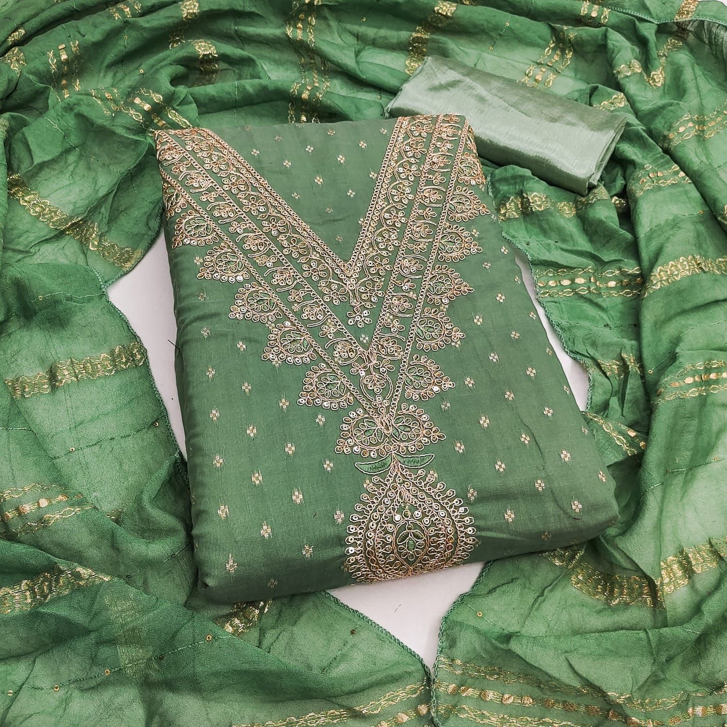 Chanderi Neck Sequence Embroidery Work Dress Material (Unstitched)