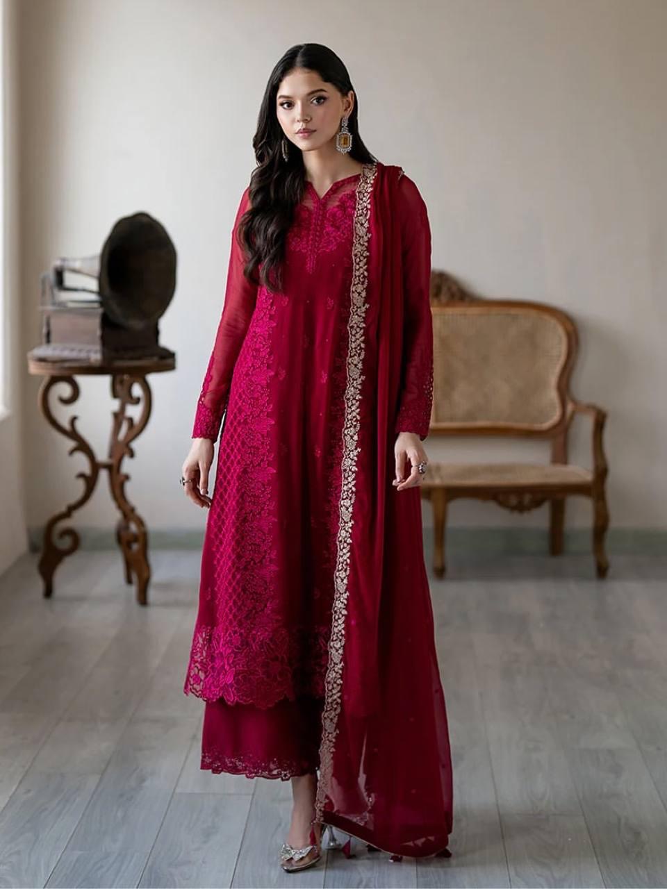 Faux Georgette Sequence Embroidery Work Designer Party Wear Kurti Pant Dupatta Set (Ready to Wear)