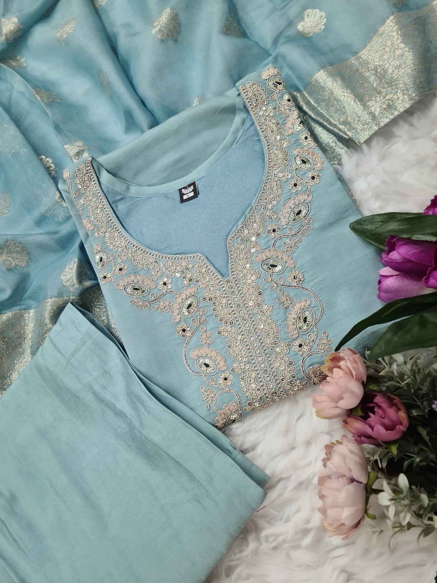 Viscose Chanderi Neck work Kurti Pant Dupatta Set - Premium from Ethenika.com - Just INR 2990! Shop now at Ethenika.com