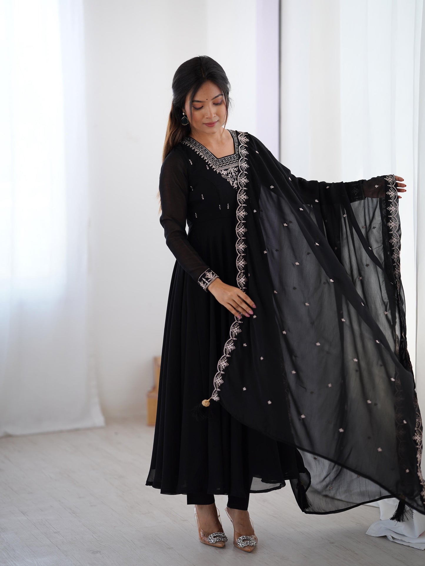 Soft Faux Georgette Black Beauty Anarkali Flair Party Wear Kurti Pant Dupatta Set (Ready to Wear) - Premium from Ethenika.com - Just INR 3990! Shop now at Ethenika.com