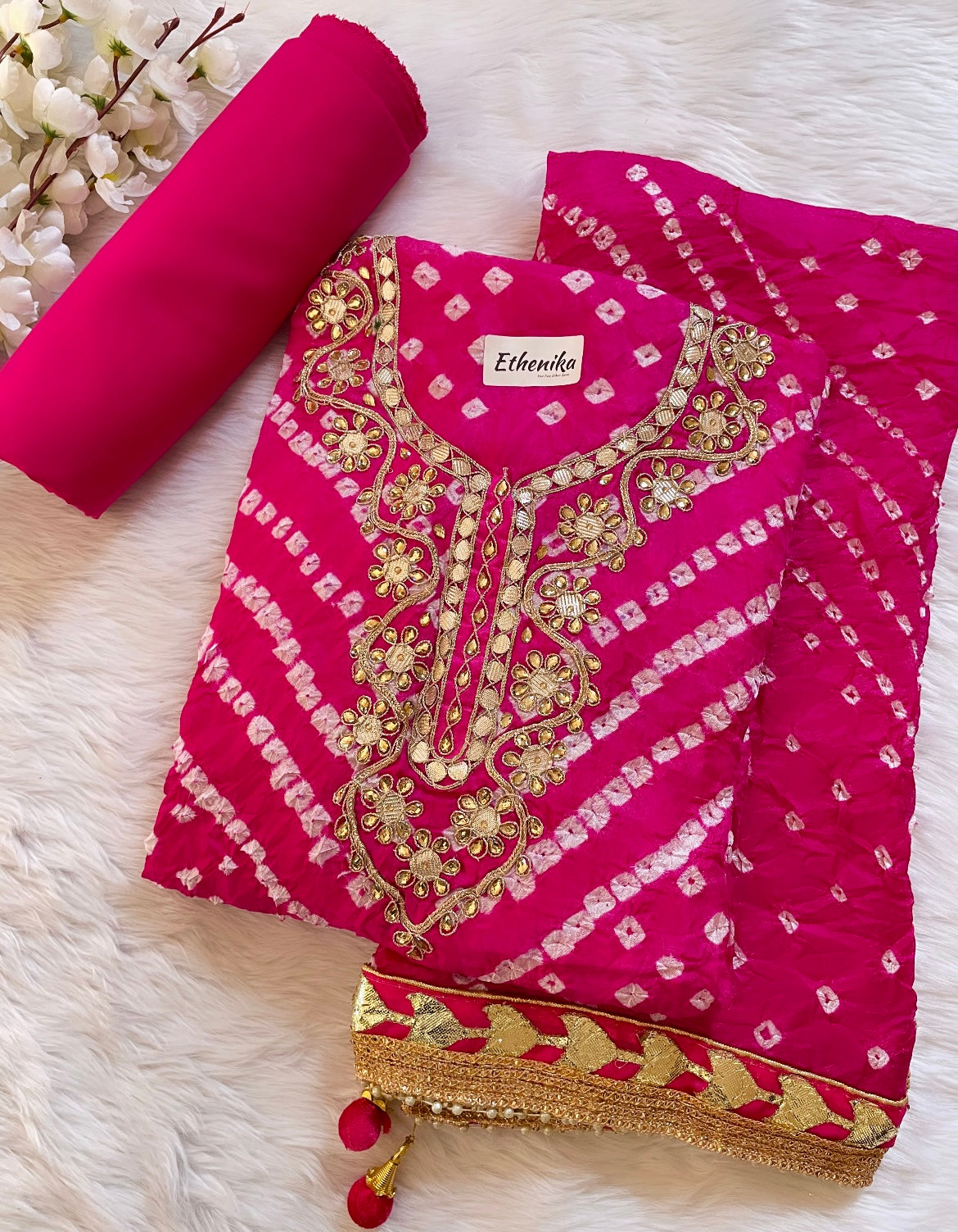 Silk Fabric Neck work with Fumka Work Dupatta Bandhani Dress Material ( Unstitched) - Premium from Ethenika.com - Just INR 2190! Shop now at Ethenika.com