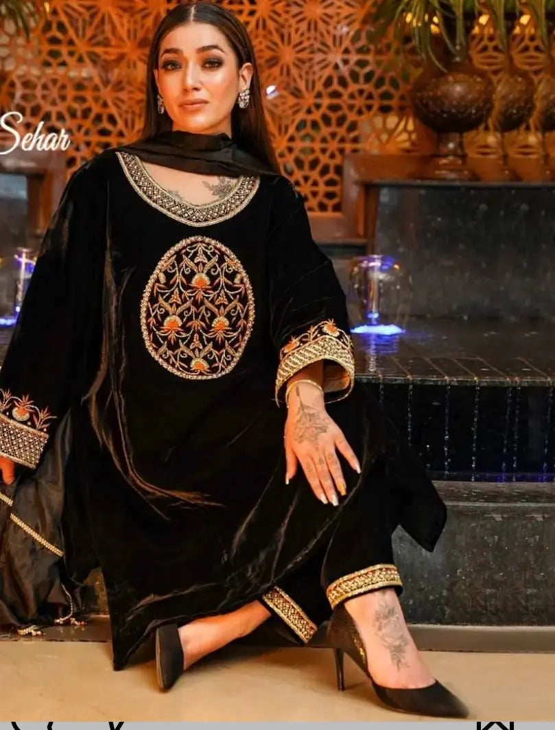 Winter Special Designer Black Velvet Kurti Pant Dupatta Set - Premium from Ethenika.com - Just INR 2590! Shop now at Ethenika.com