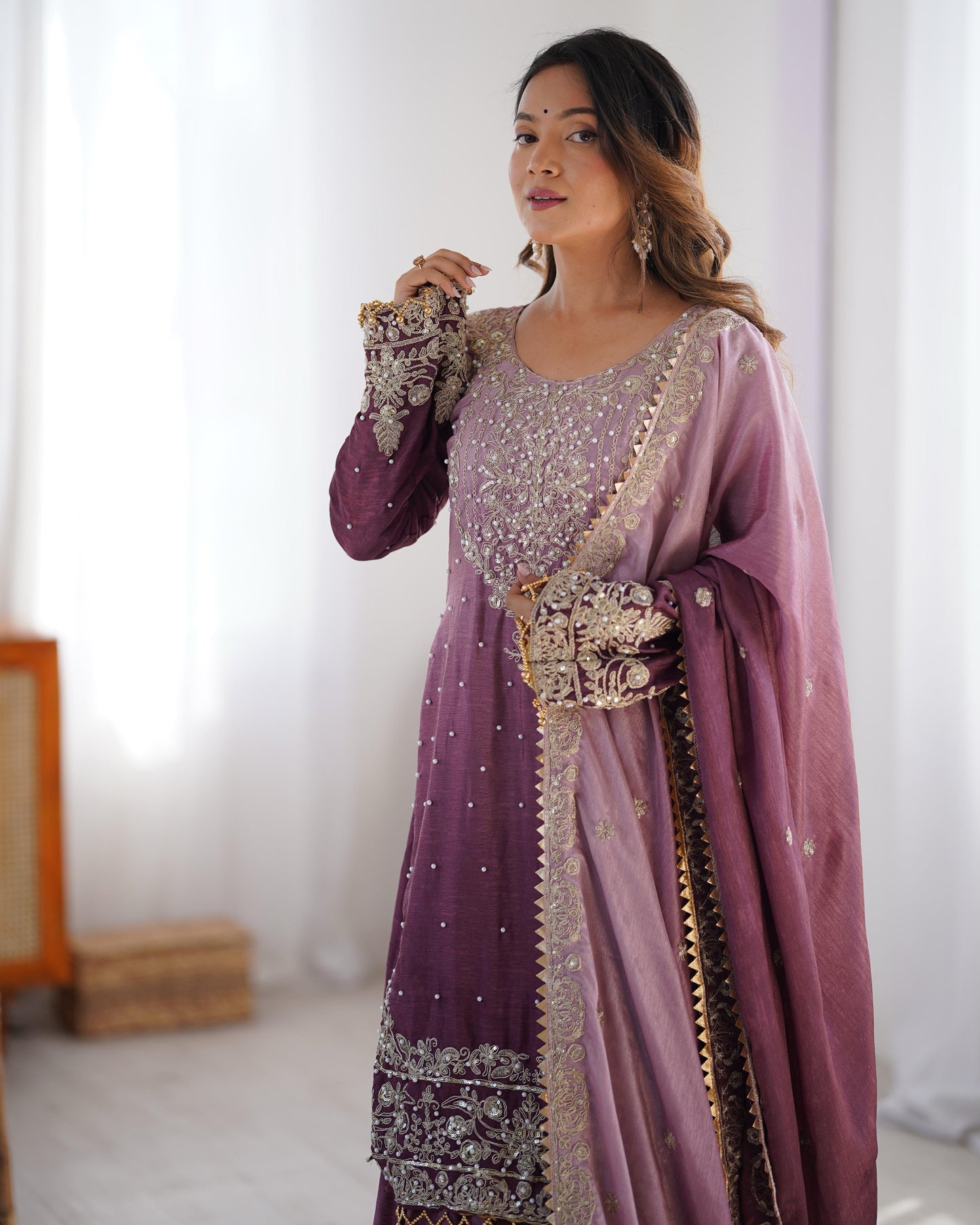 Chinon Silk Sequence Embroidery with Moti Work Kurti Sharar Dupatta Set (Stitched) - Premium from Ethenika.com - Just INR 4990! Shop now at Ethenika.com